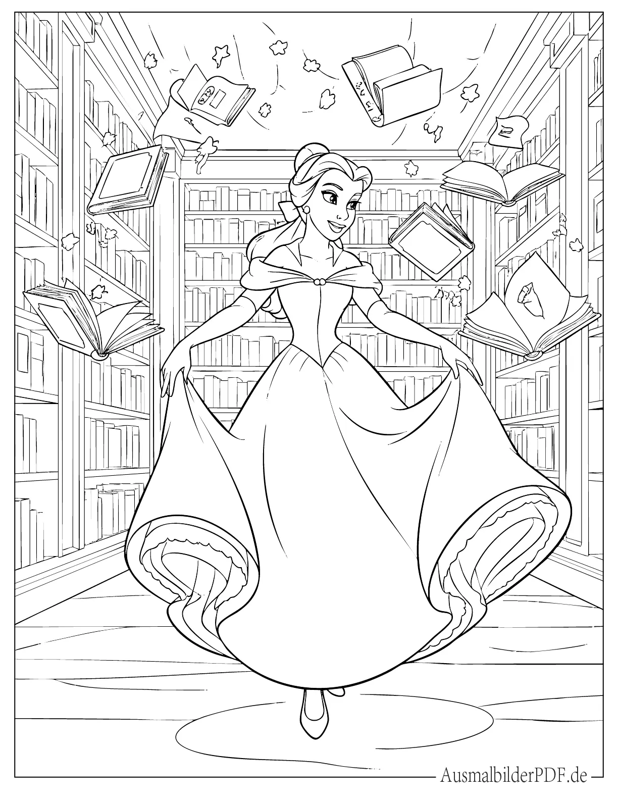 Prinzessin Belle tanzt mit fliegenden Büchern Ausmalvorlage