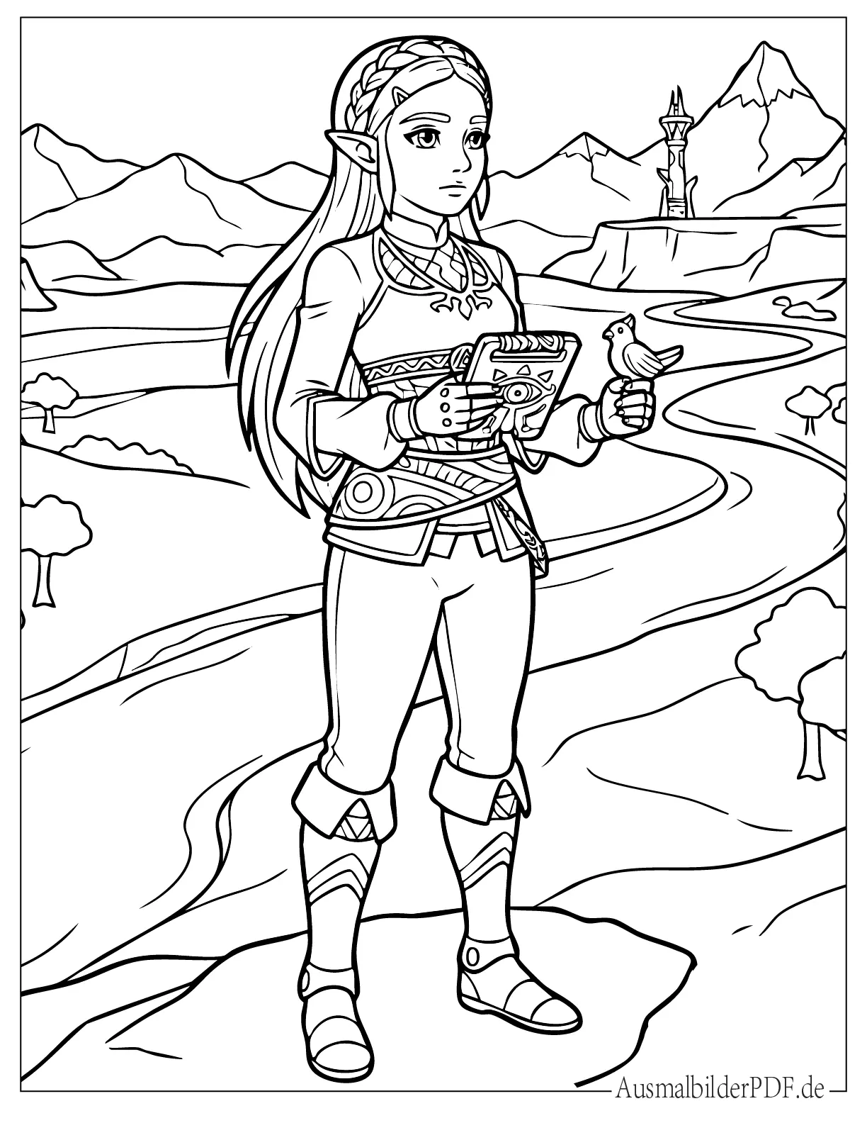 Schöne Prinzessin Zelda mit einem Vogel Ausmalbild
