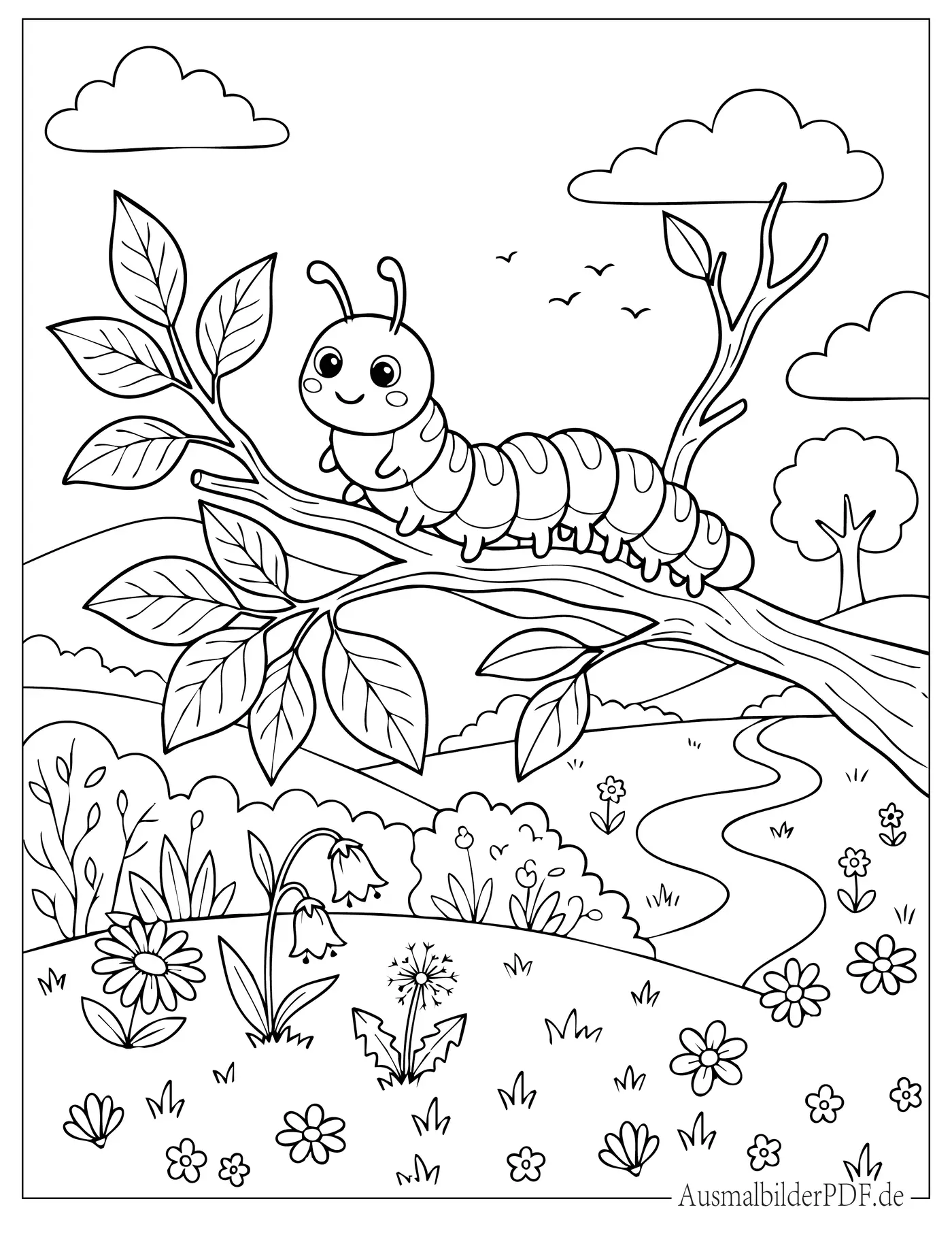 Süße Raupe auf einem Ast Ausmalbild zum Ausdrucken