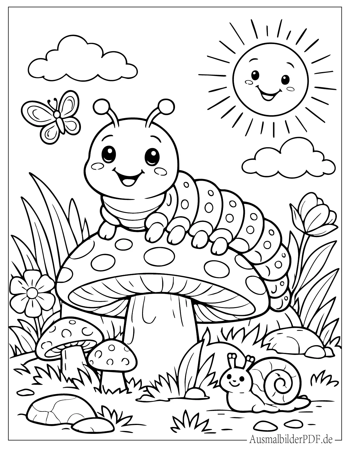 Süße Raupe sitzt auf einem Pilz Ausmalbild