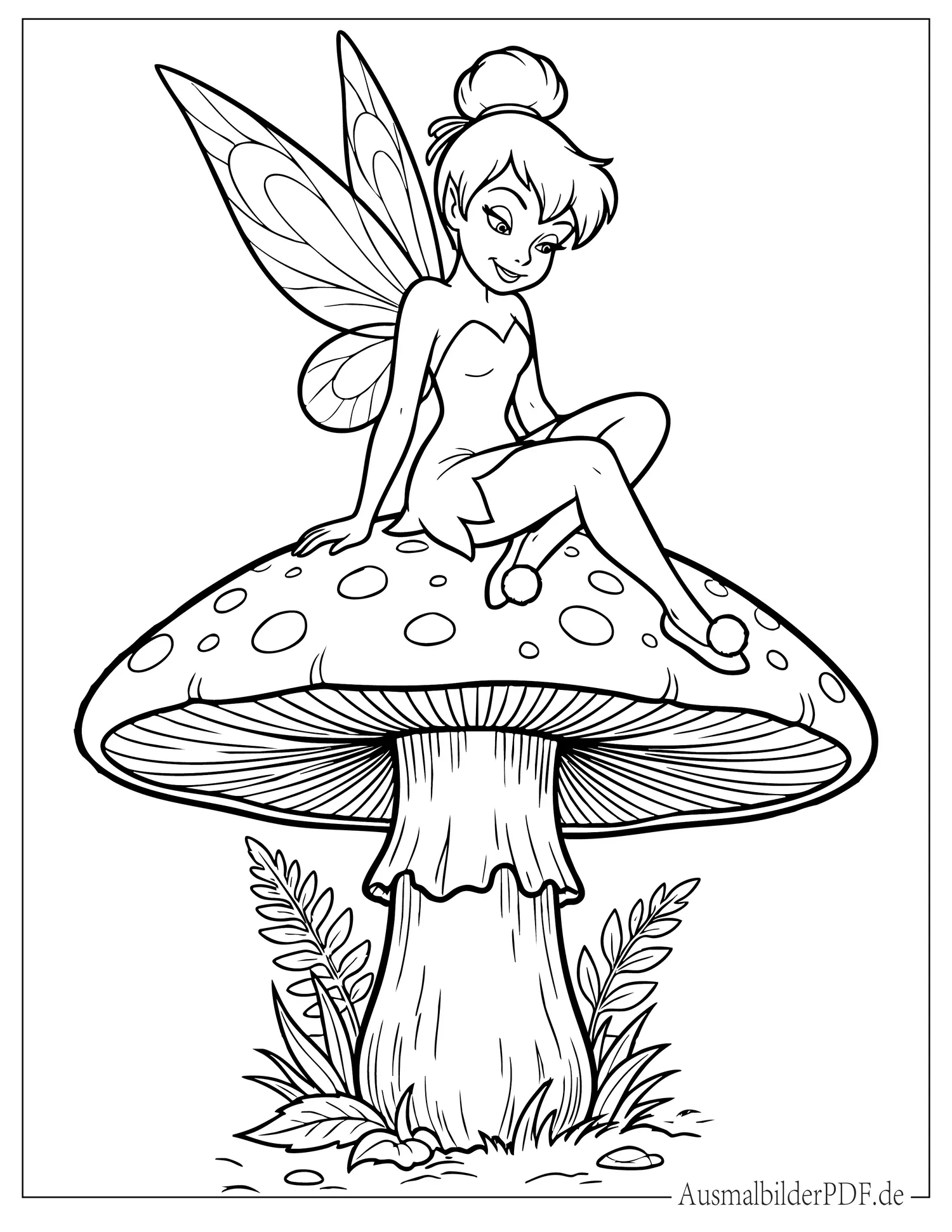 Süße Tinkerbell sitzt auf Pilz Ausmalbild zum Ausdrucken