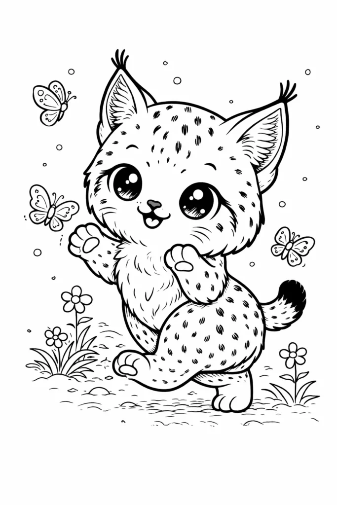 10+ Luchs Ausmalbilder (Kostenlos Malvorlage zum Ausdrucken) Niedlicher Baby Luchs spielt mit Schmetterlingen als kawaii Ausmalbild für Kinder und Erwachsene zum Ausdrucken und Ausmalen.