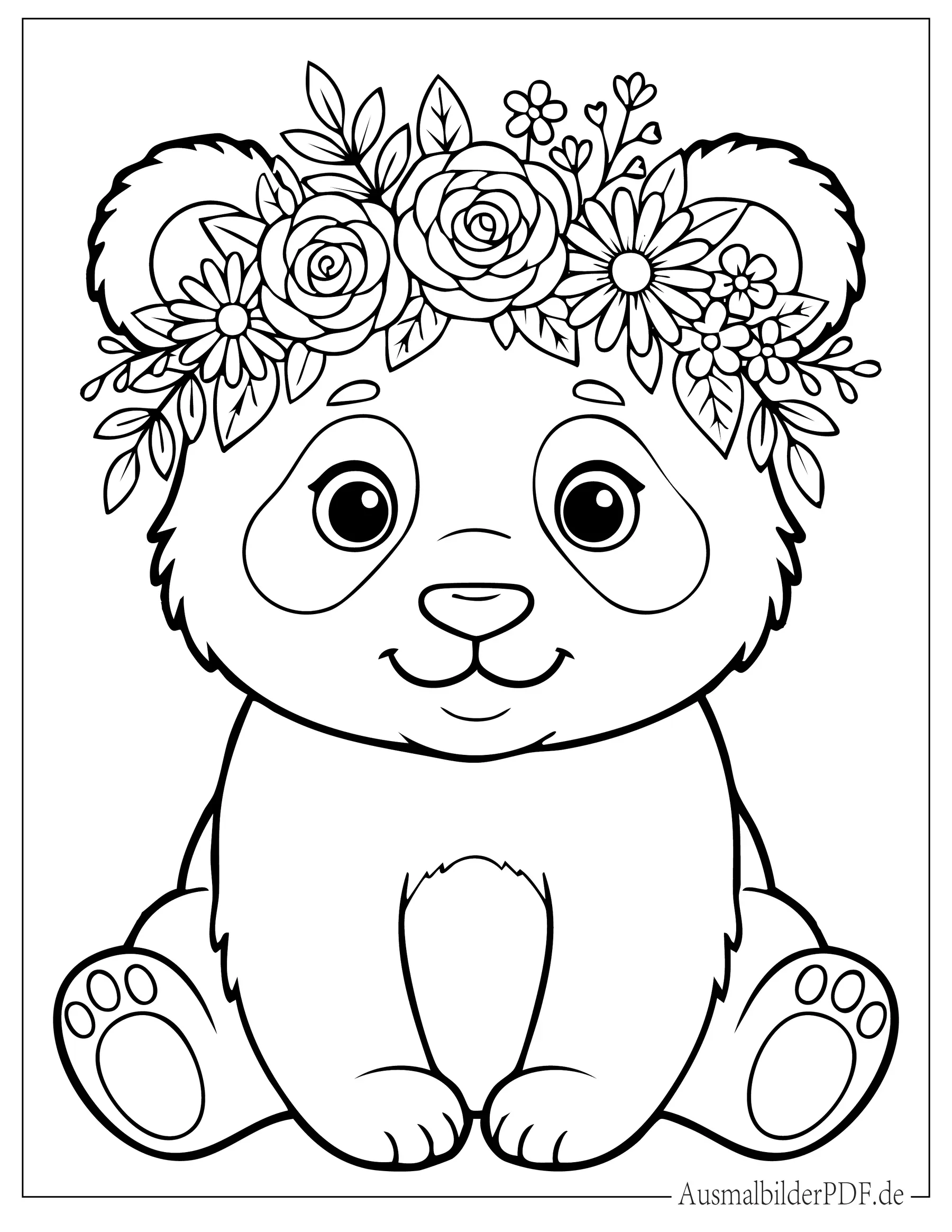 Süßer Baby Panda mit Blumenkrone Ausmalbild zum Ausdrucken