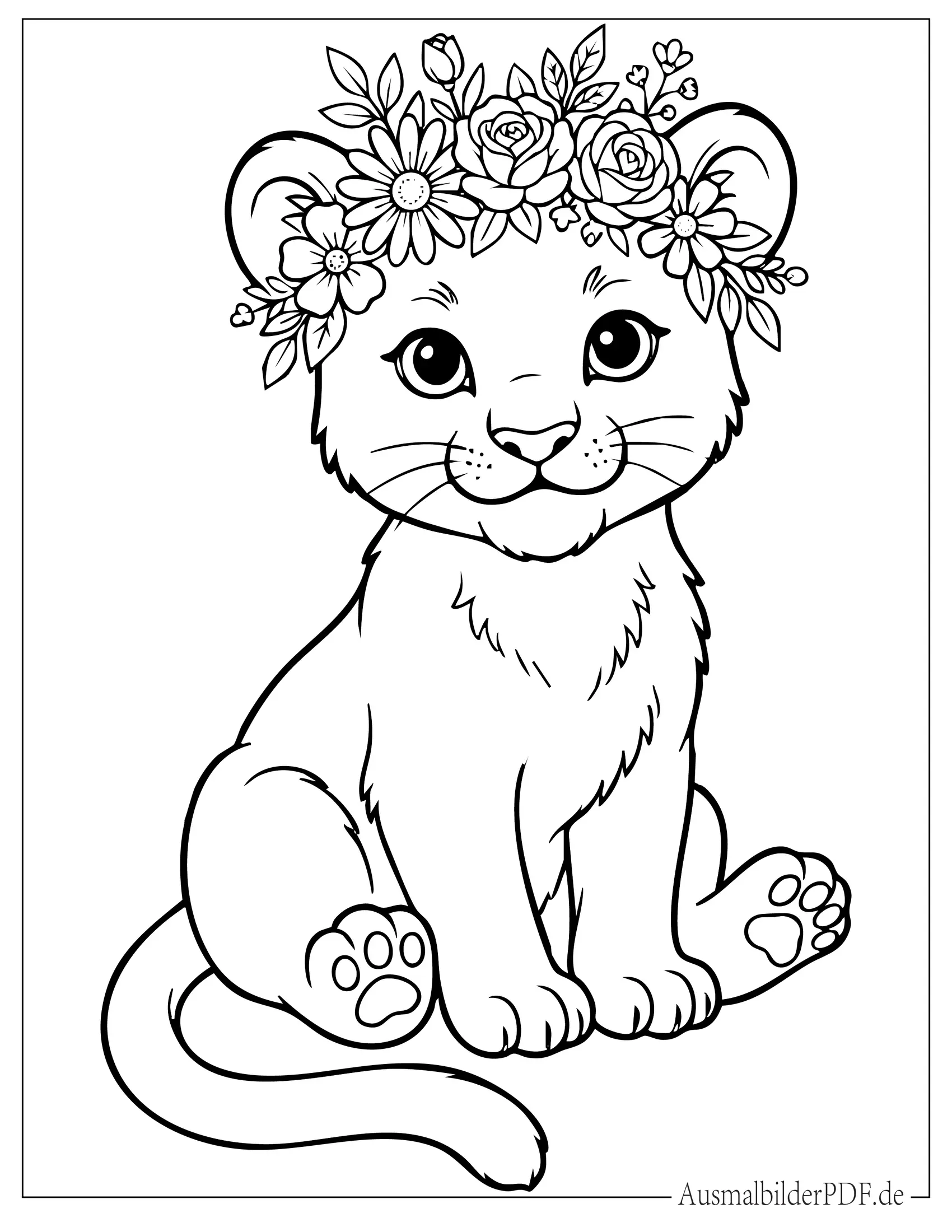 Süßes Pantherbaby mit Blumenkrone Ausmalbild für Kinder