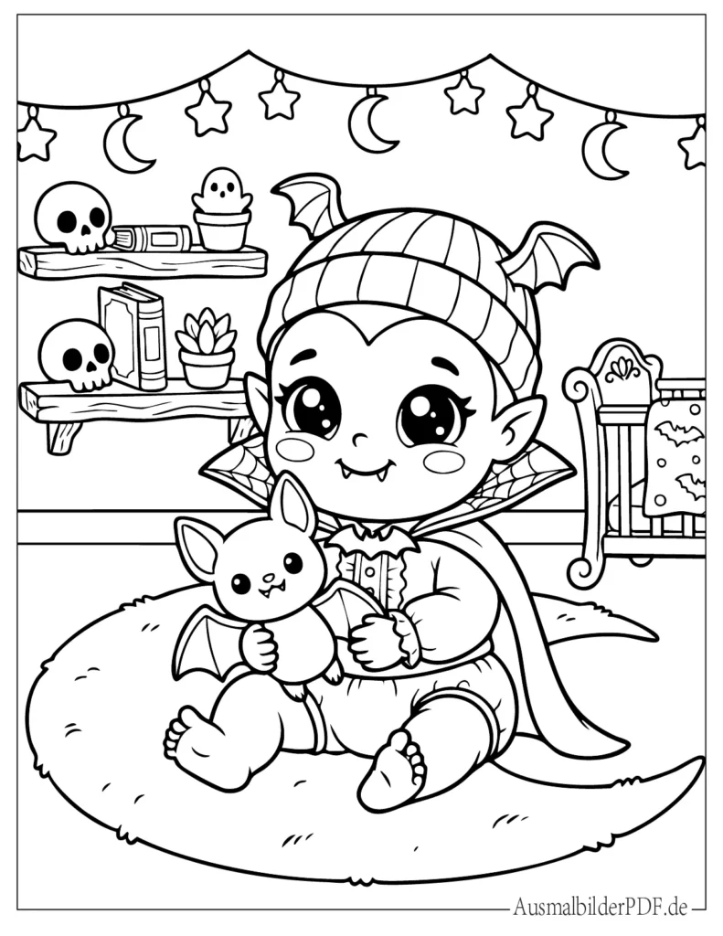 Ausmalblatt eines süßen Kawaii Baby Vampirs für Kinder, perfekt zum Drucken und kreativen Ausmalen
