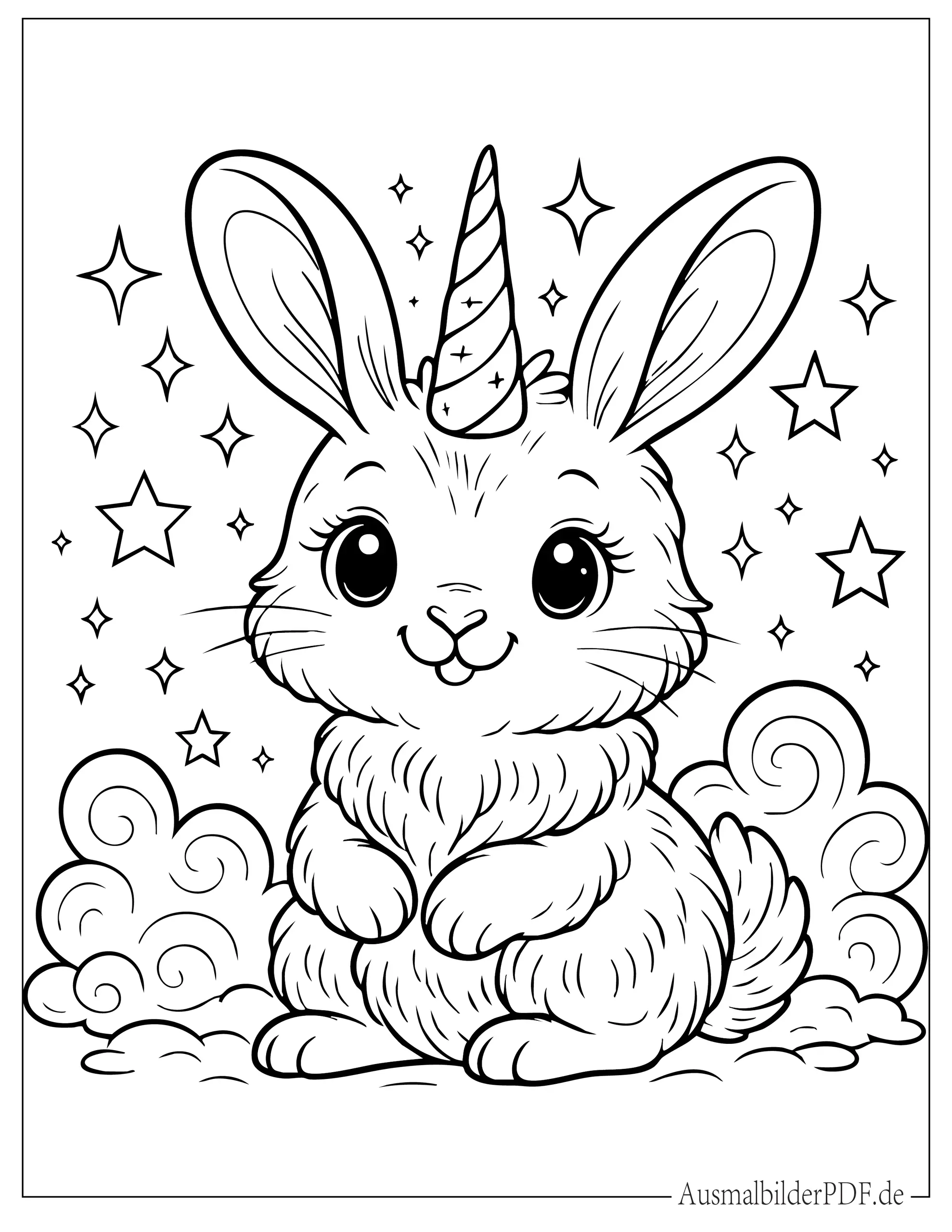 Kawaii Einhorn Hase mit glitzerndem Horn und Sternen zum Ausmalen