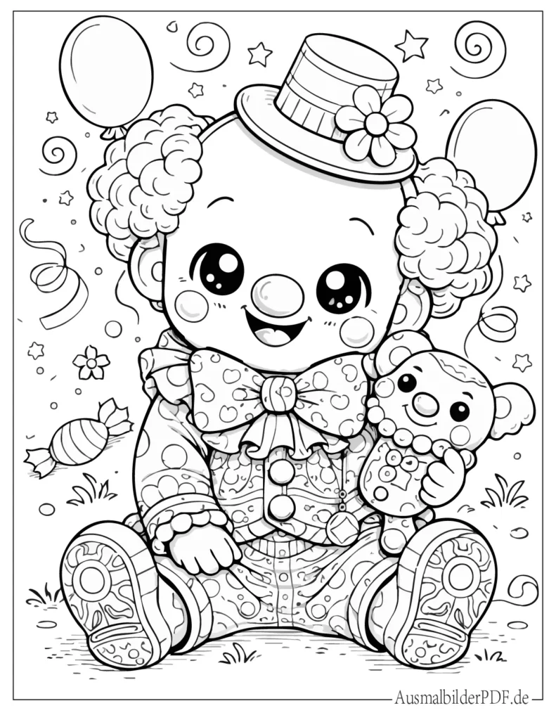 Ausmalbild eines süßen Kawaii Baby Clowns, kinderfreundliche Malvorlage zum Ausdrucken und Ausmalen