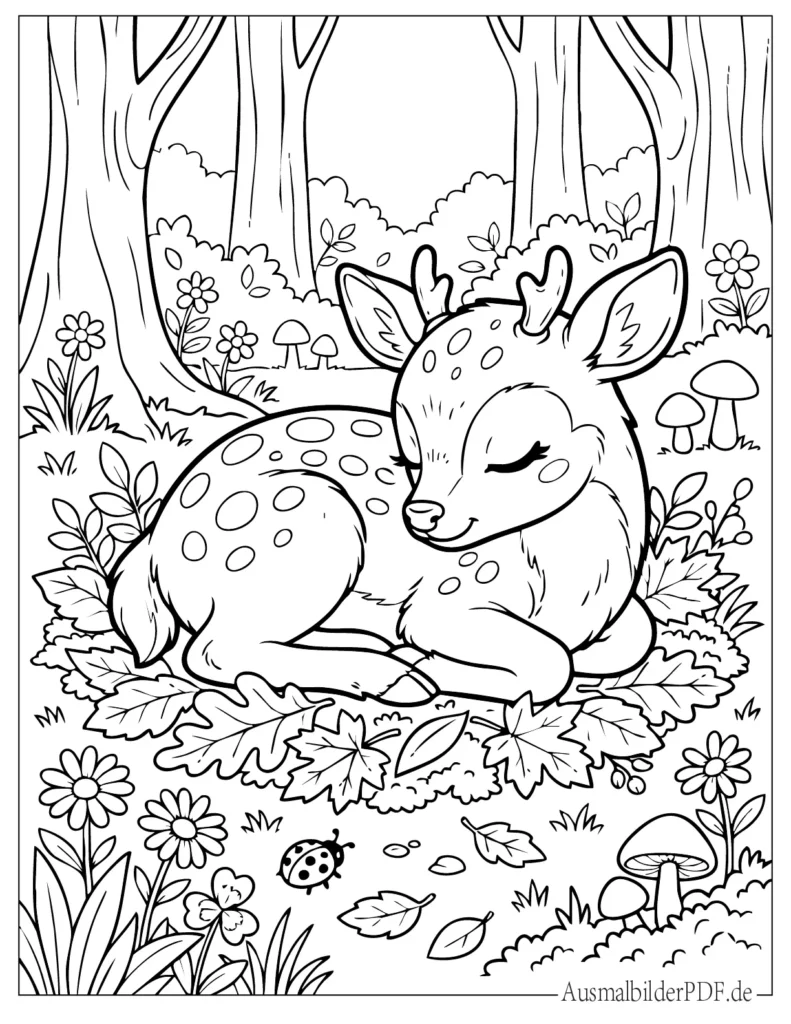 Malvorlage eines kawaii Baby Hirsches, der schläft, ideal für Kinder zum Ausdrucken und Ausmalen