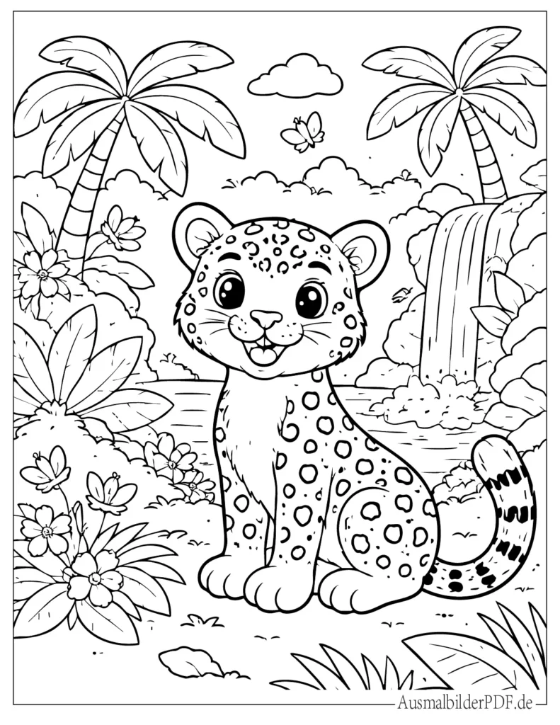 Malvorlage eines süßen Kawaii Baby Leoparden für Kinder, perfekt zum Ausmalen und Drucken
