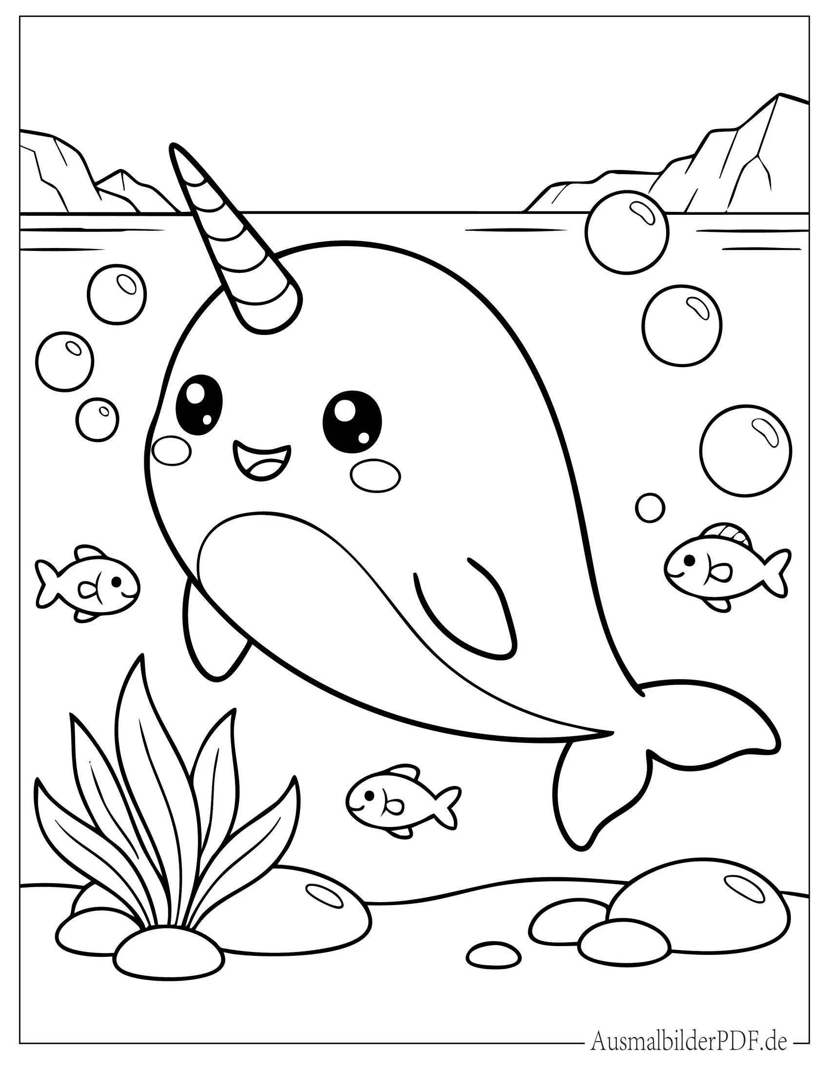 Süßer Kawaii Baby Narwal Ausmalbild für Kinder