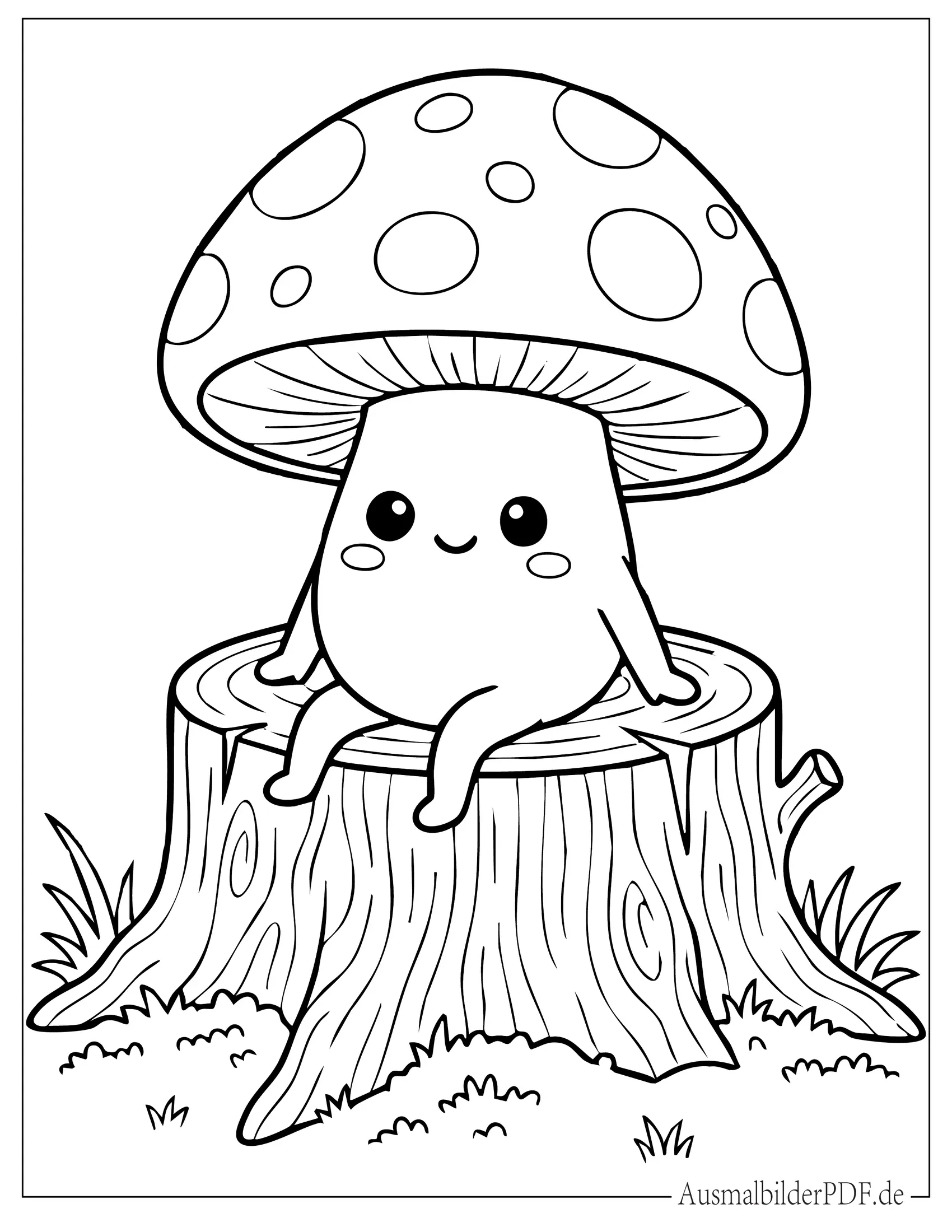 Süßer Kawaii Pilz sitzt auf einem Baumstumpf Ausmalbild