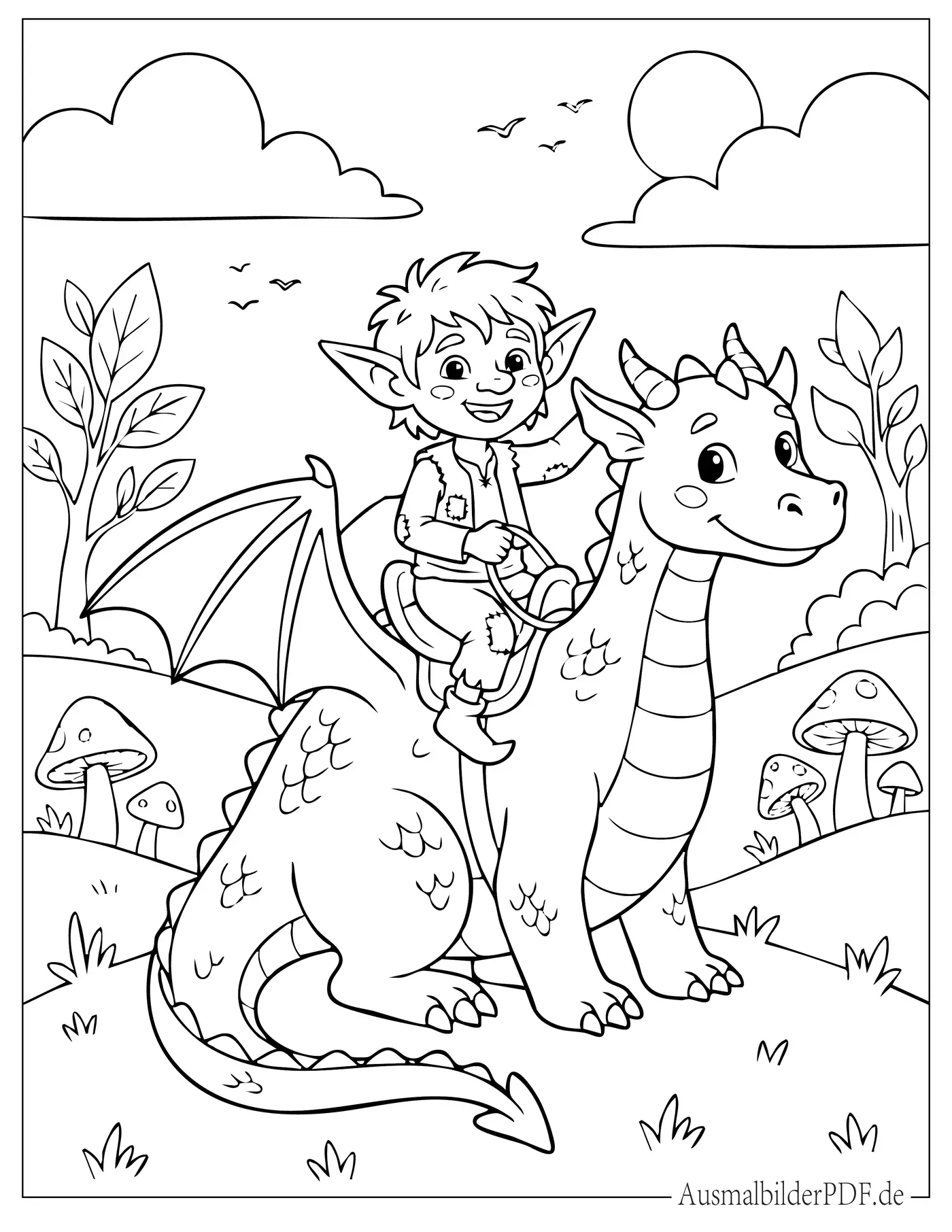 Süßer Kobold reitet auf einem Drachen Malvorlage für Kinder