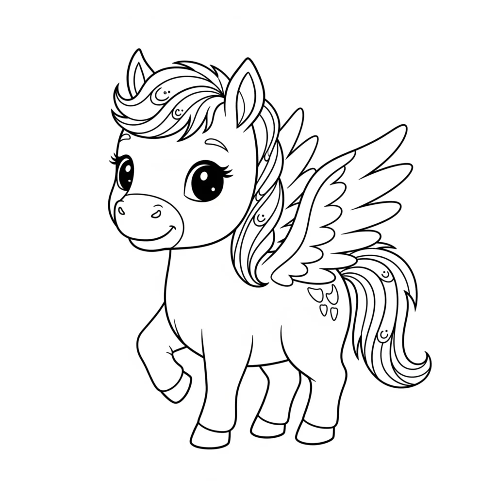 Ein niedliches Pegasus Ausmalbild für Kinder als PDF-Vorlage zum Ausdrucken und Ausmalen mit viel Spaß