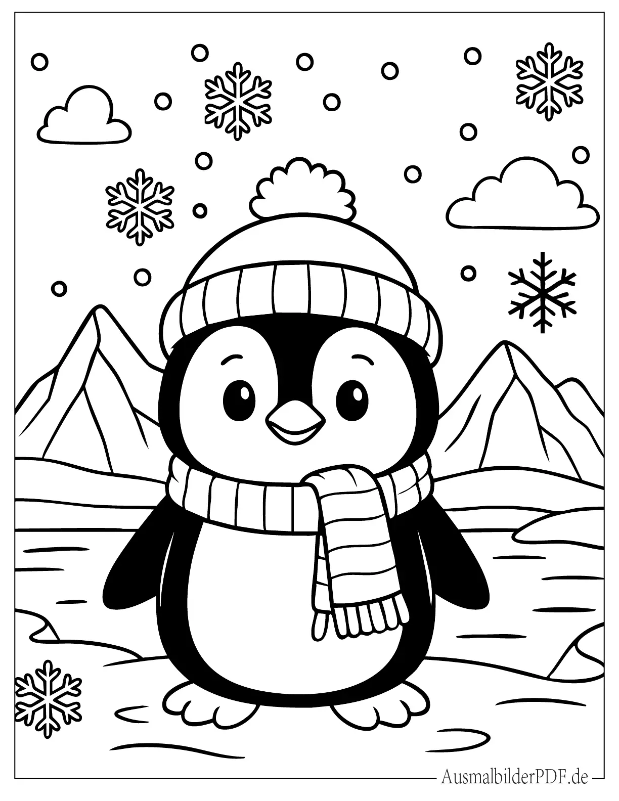 Niedlicher Polar Pinguin mit Mütze und Schal im schneeigen Wetter Malvorlage