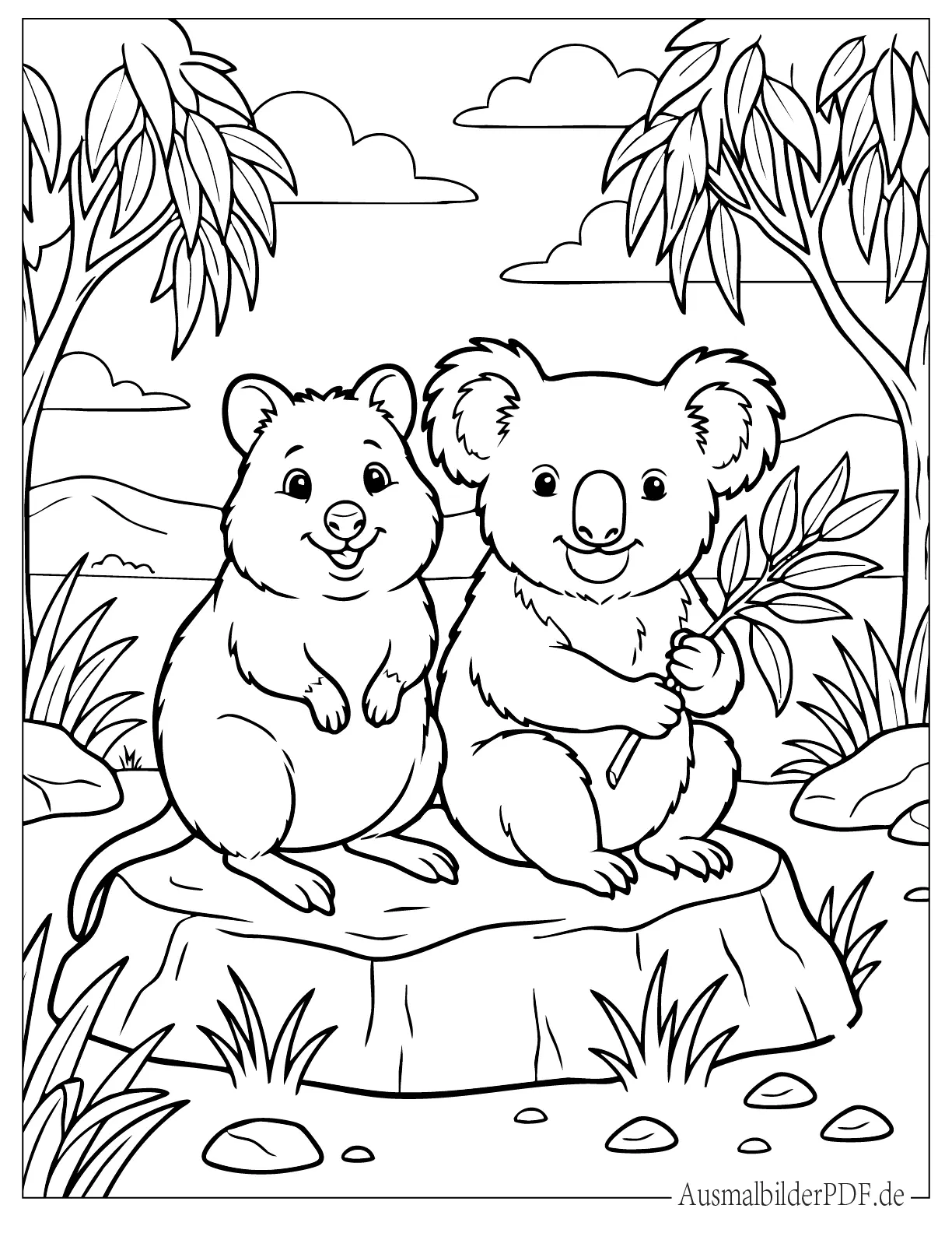 Süßes Quokka und Koala sitzen im Dschungel Ausmalvorlage