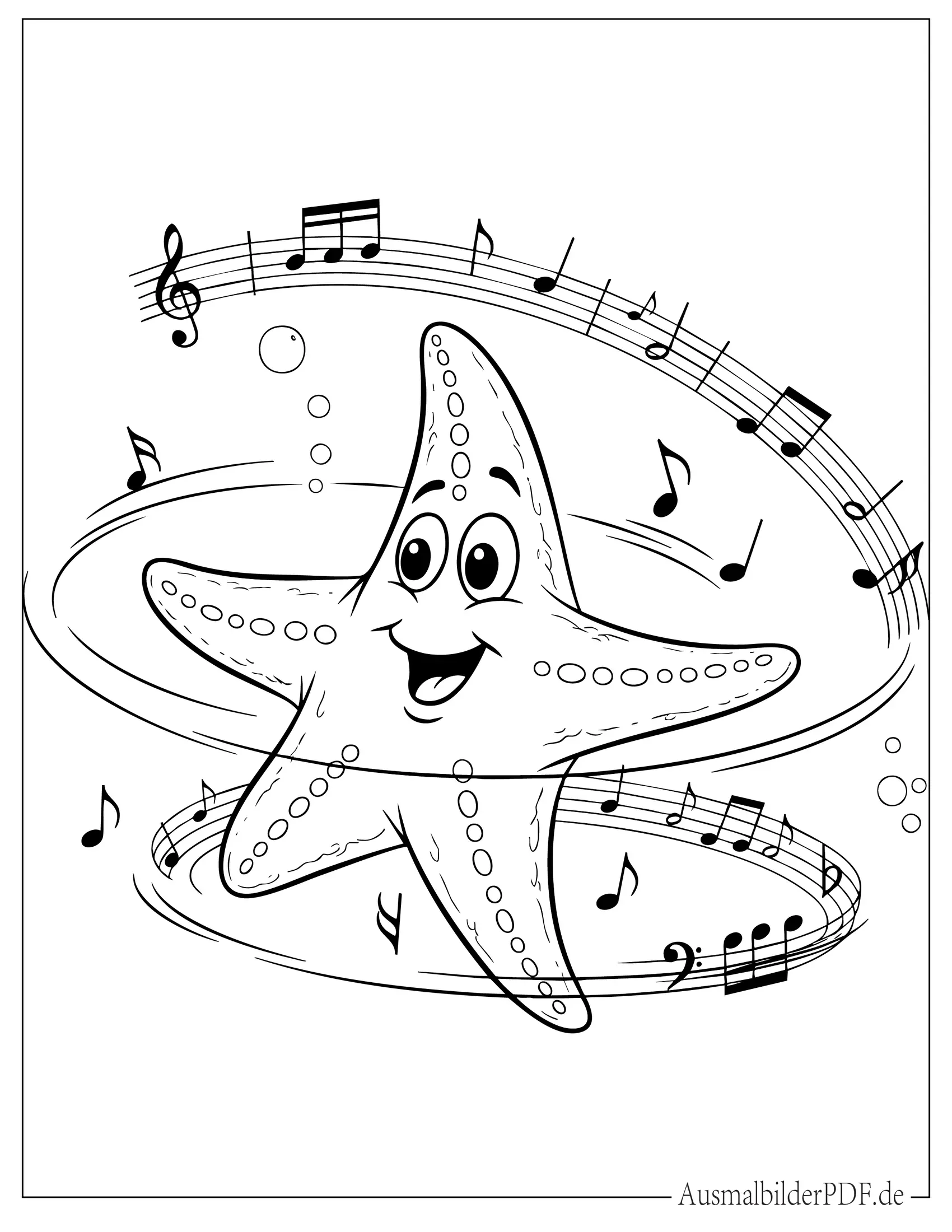 Süßer tanzender Seestern mit Musiknoten Ausmalbild
