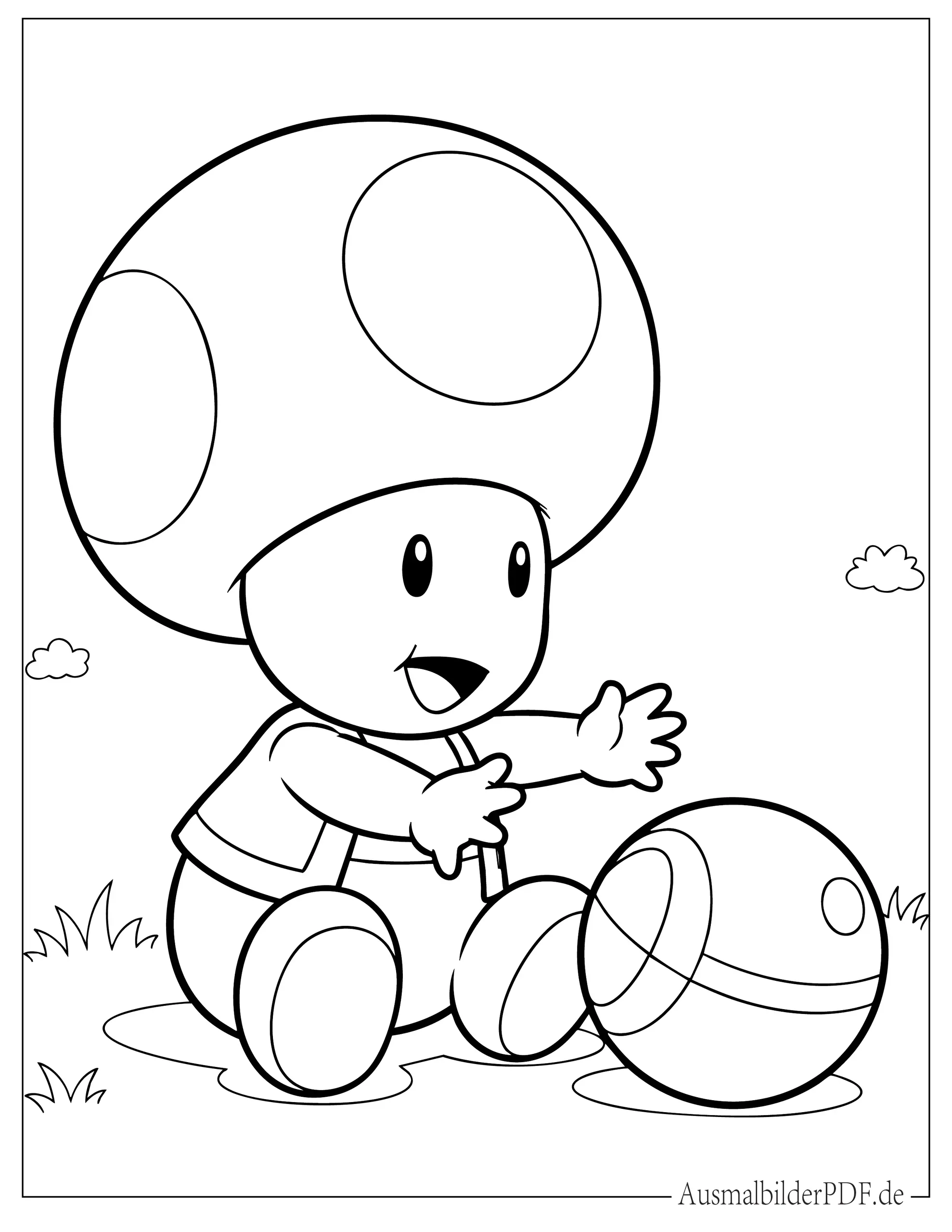 Süßes Baby Toad spielt mit Ball Ausmalbild für Kinder