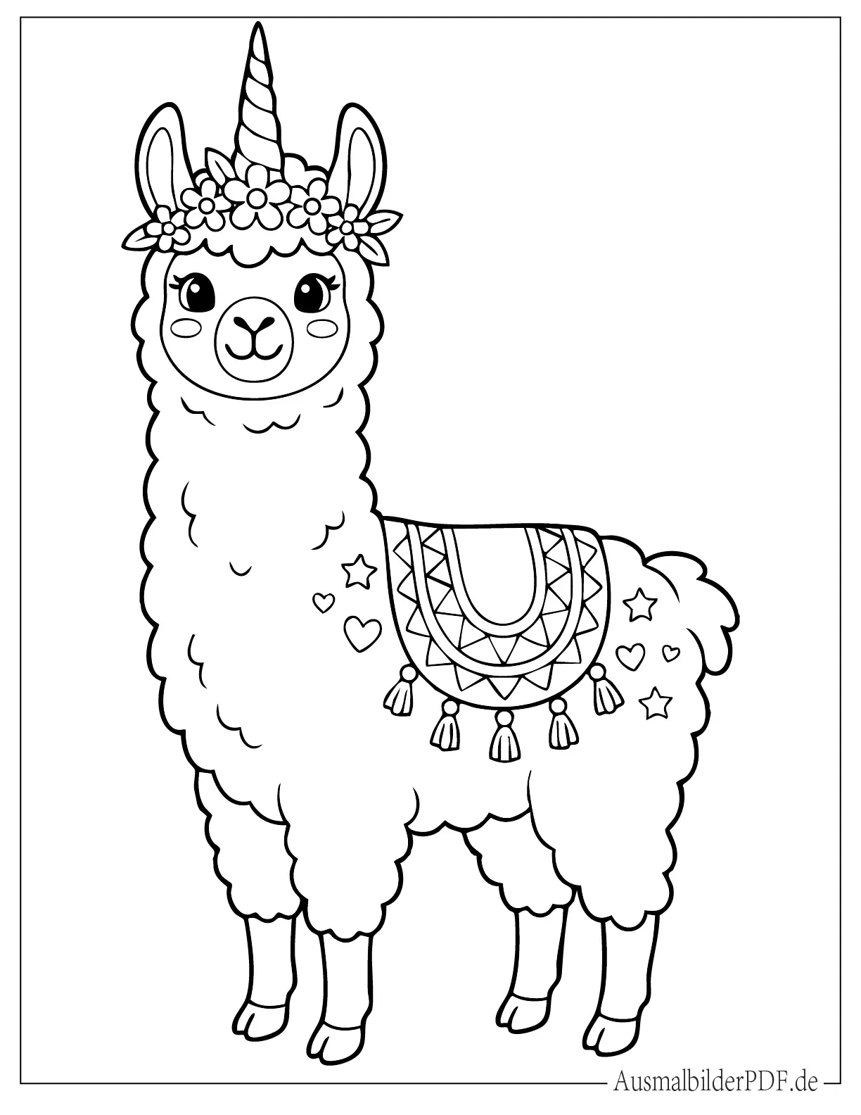 Süßes Einhorn Lama mit Sattel Malvorlage für Kinder