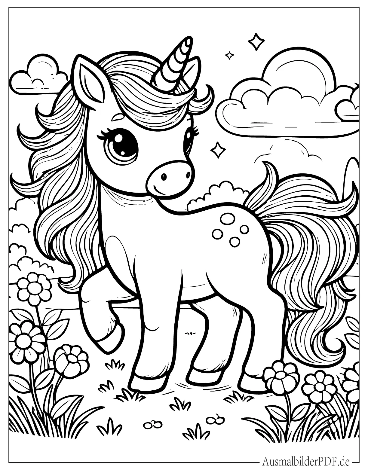 Süßes Einhorn mit langer Mähne zum Ausmalen