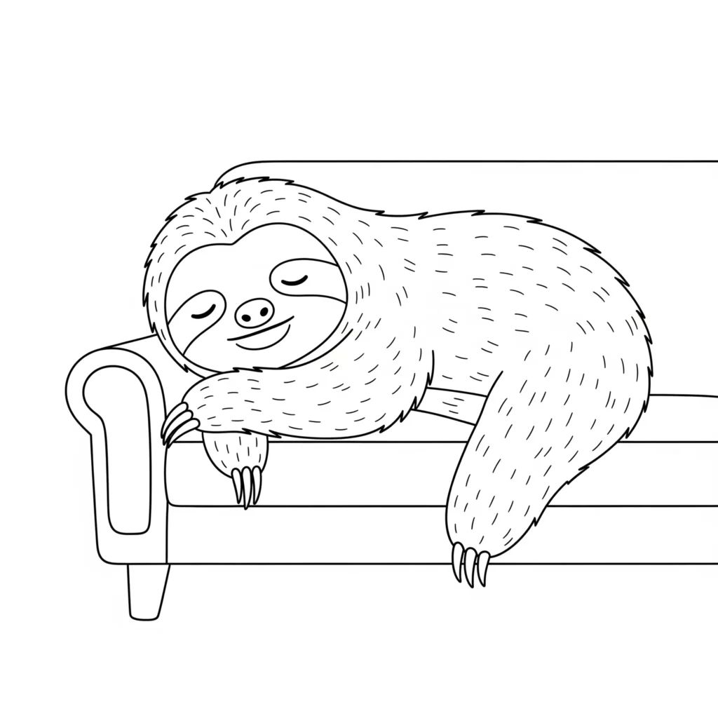 Faultier ausmalbild zum Ausdrucken kostenlos. Ein besonders süßes Faultier schaut freundlich und lädt Kinder zum kreativen Ausmalen ein.