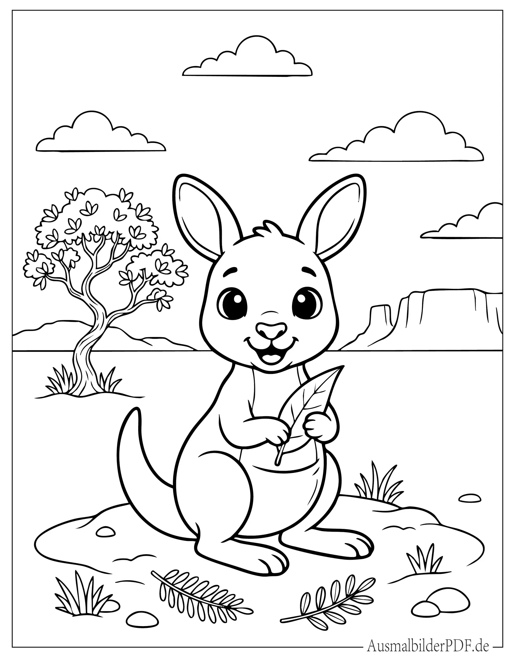 Süßes Kawaii Känguru Baby hält ein Blatt Ausmalbild für Kinder