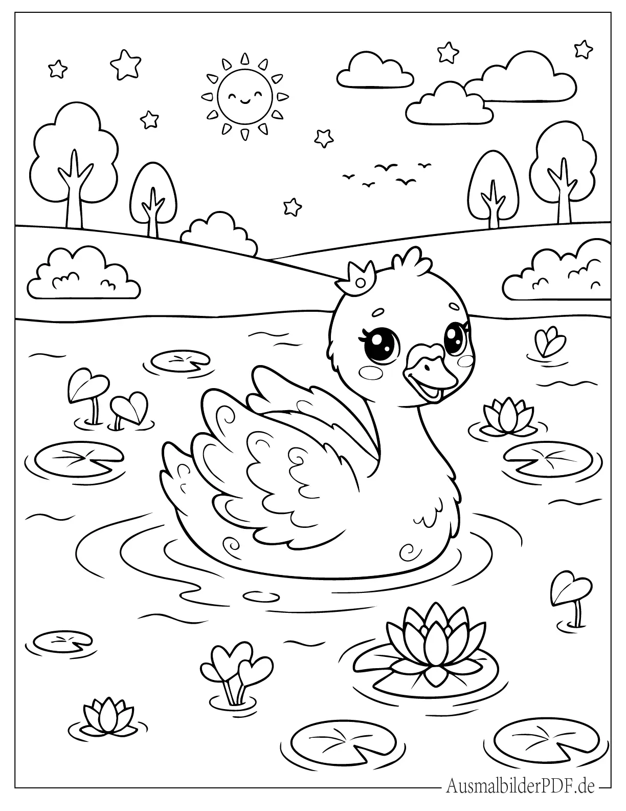 Süßer Kawaii Baby Schwan schwimmt im Teich Ausmalbild