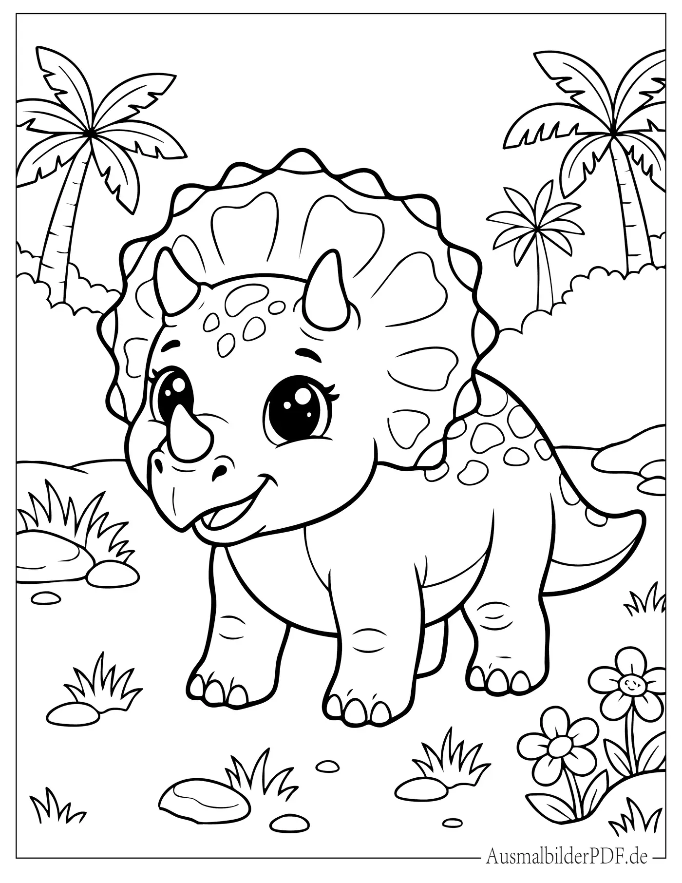 Süßes Kawaii Triceratops Baby mit großen Augen Ausmalbild
