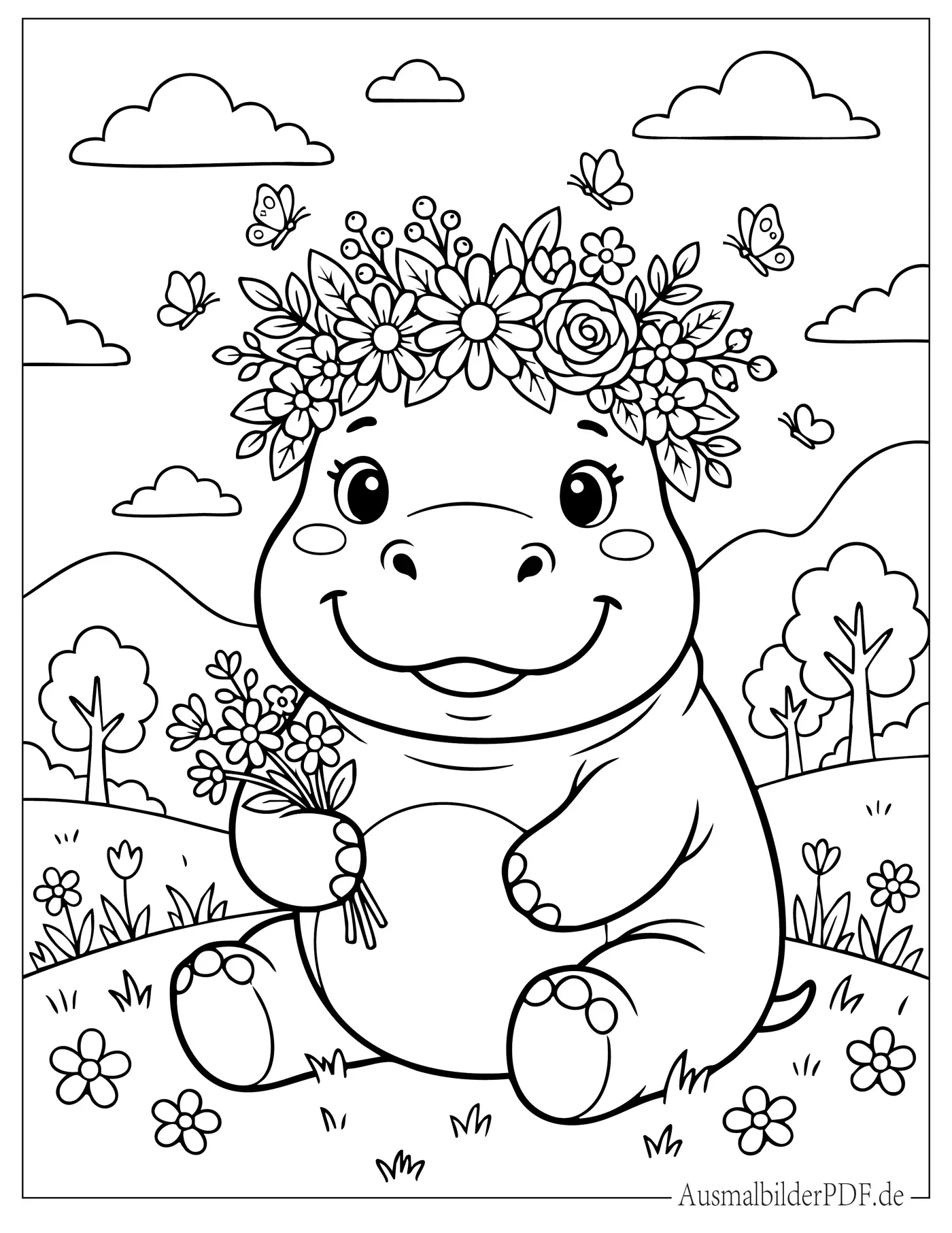 Süßes Kawaii Nilpferd mit Blumenkrone sitzt auf einer Blumenwiese Ausmalbild