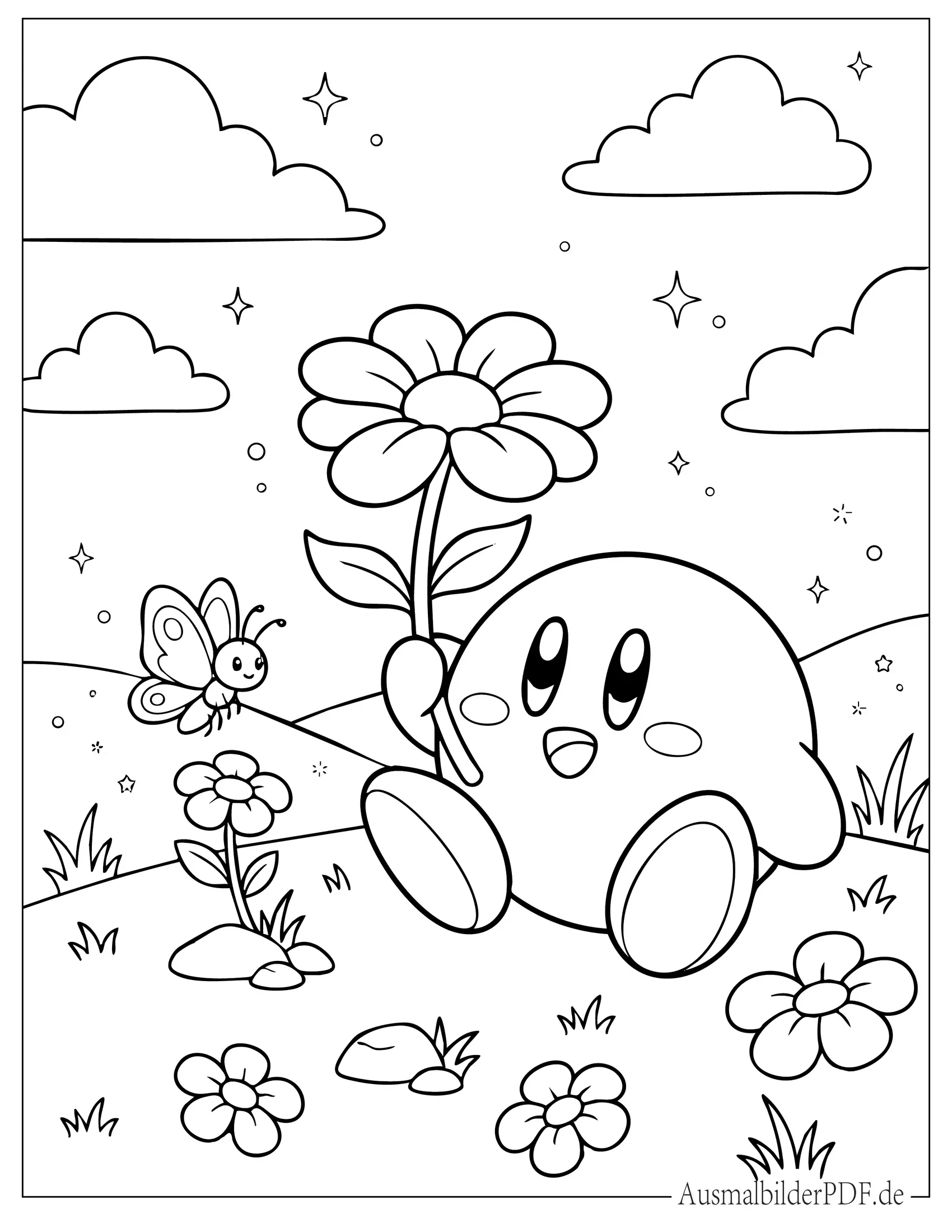 Süßer kleiner Kirby hält eine Blume zum Ausmalen für Kinder