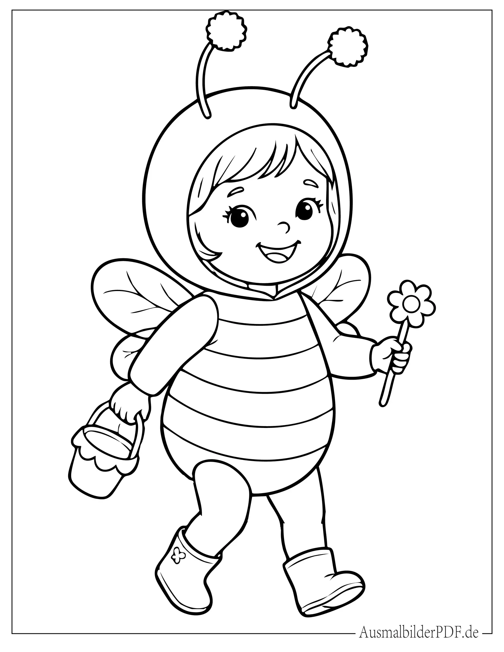 Süßes kleines Mädchen im Bienenkostüm Ausmalbild für Vorschulkinder