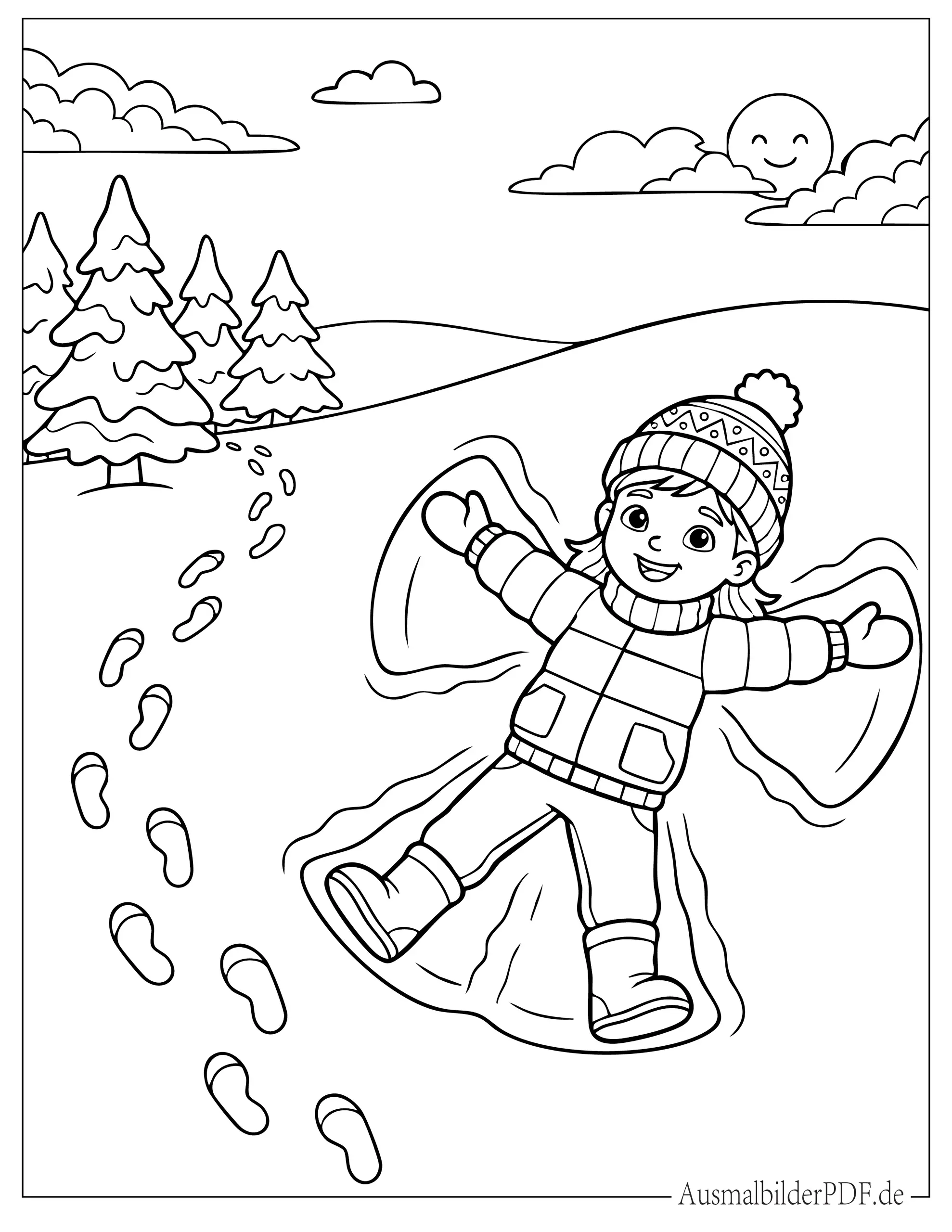 Niedliches kleines Mädchen macht Schneeengel Ausmalbild