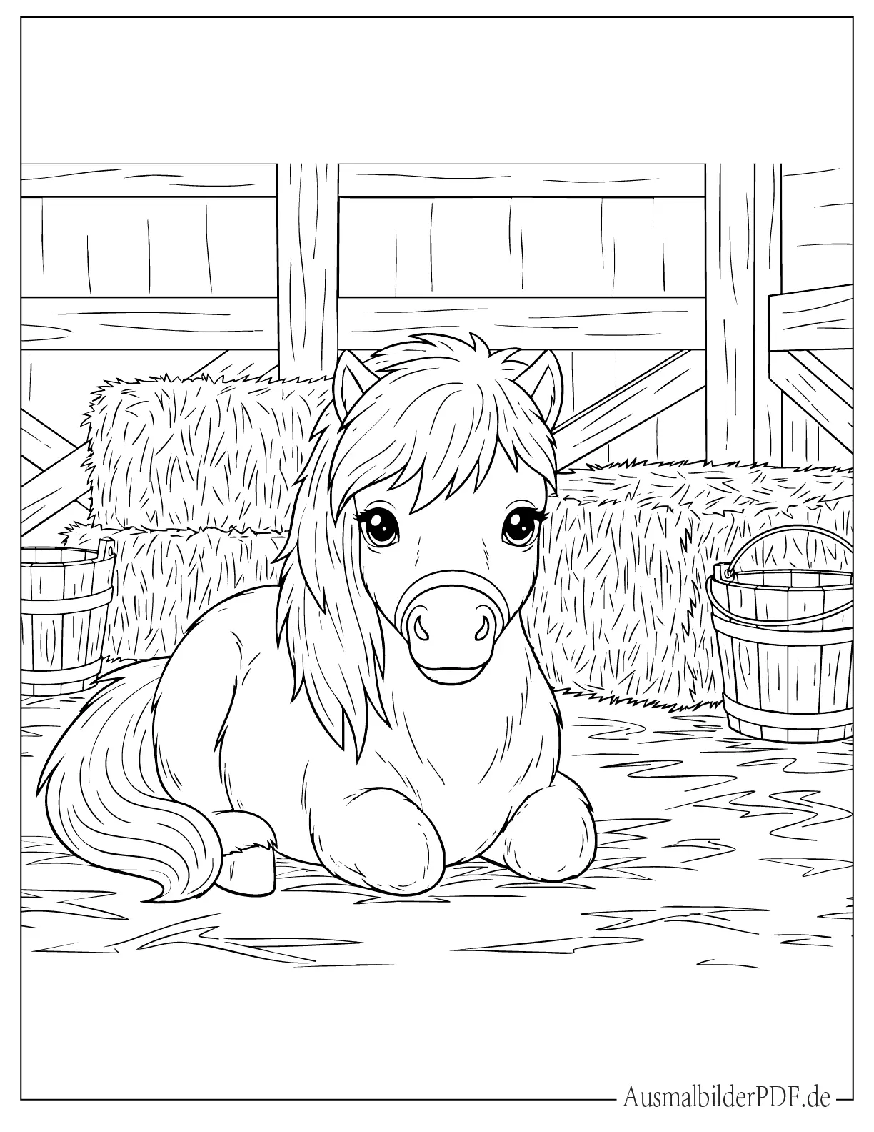 Niedliches Pony in einem Stall zum Ausmalen für kleine Kinder