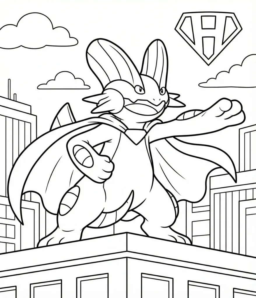 Sumpex Ausmalbilder (Gratis Pokémon Malvorlage zum drucken) Malvorlage von Sumpex im Superhelden Stil mit Cape, ideal als Ausmalbild für Kinder zum kostenlosen Ausdrucken