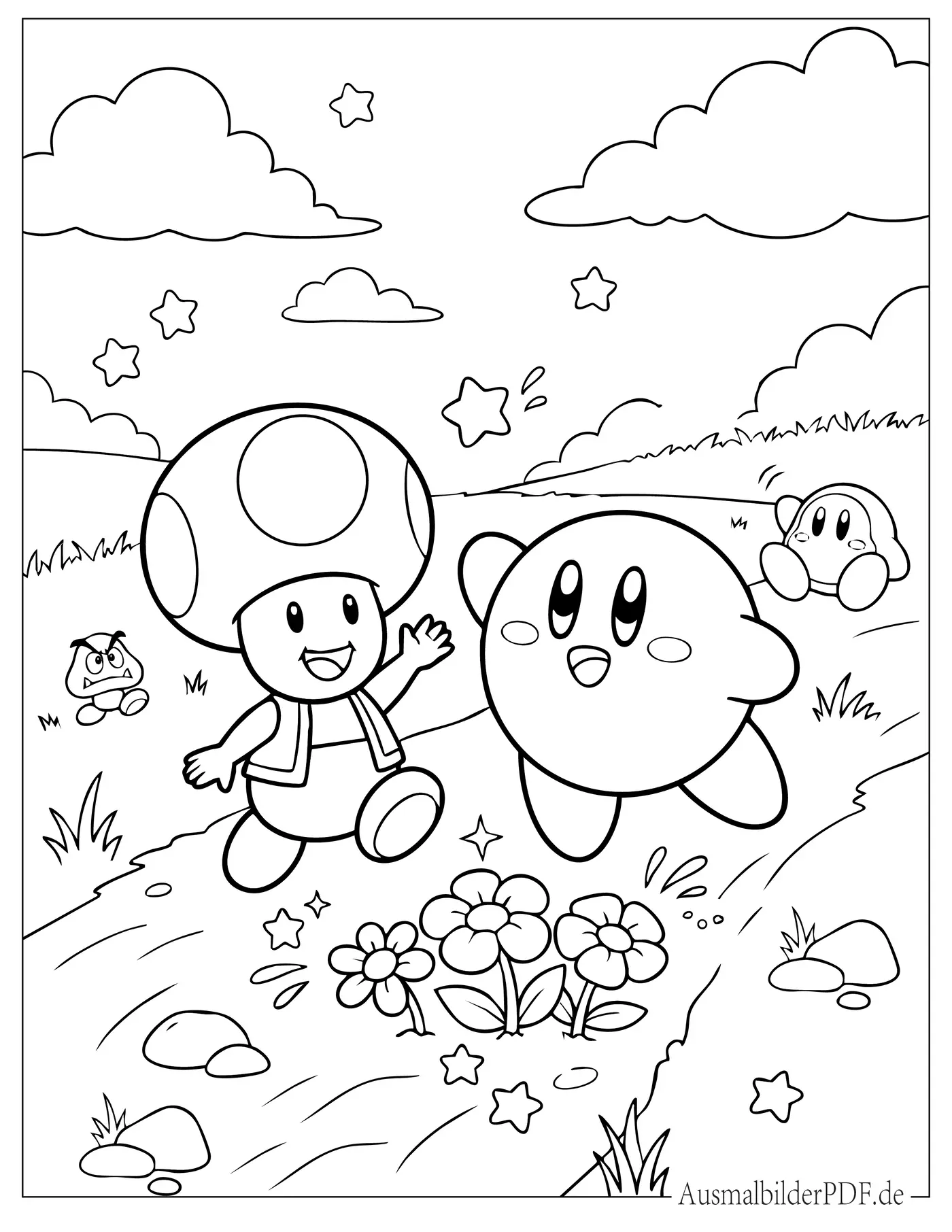Super Mario Bros Toad und Kirby Ausmalbild