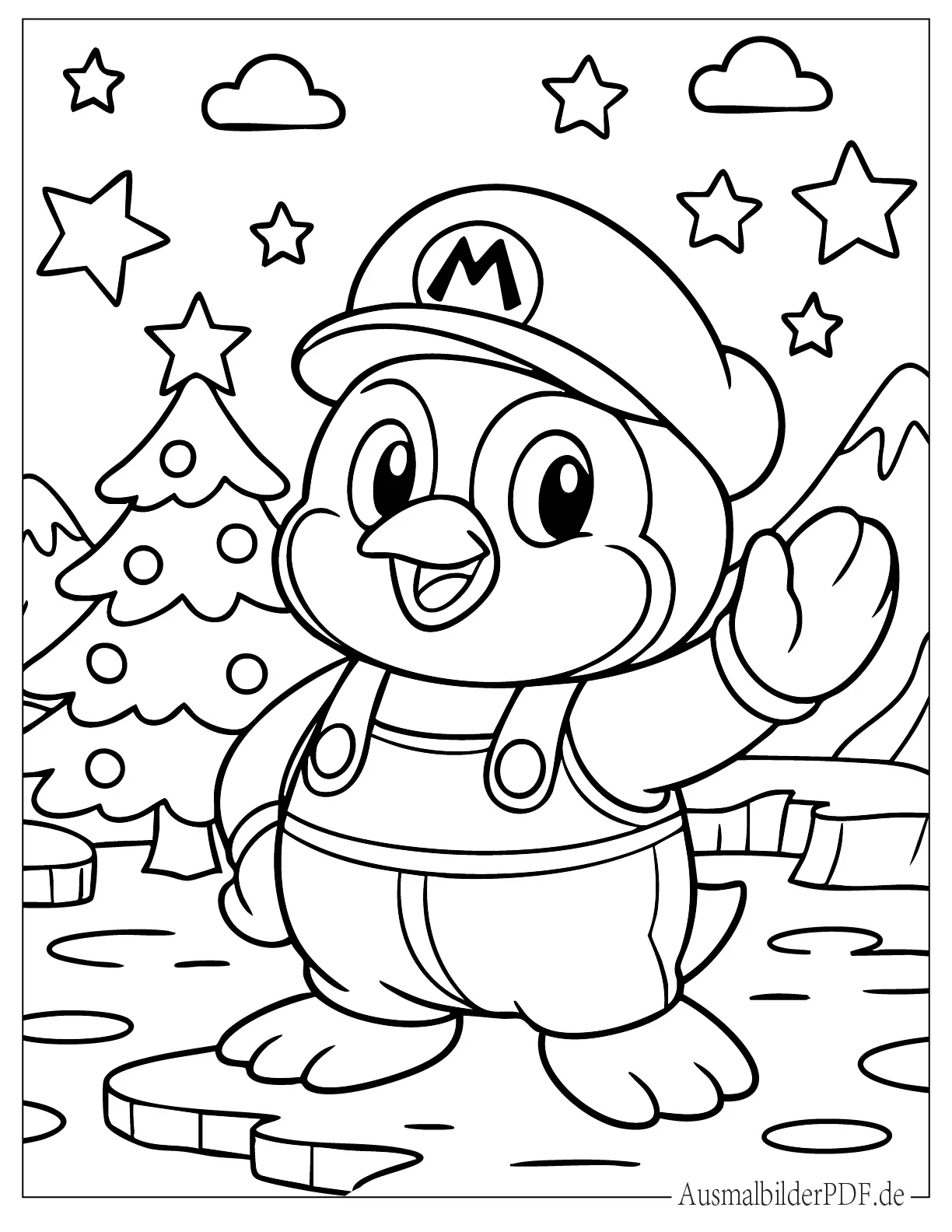 Super Mario Pinguin trägt Mütze Malvorlage