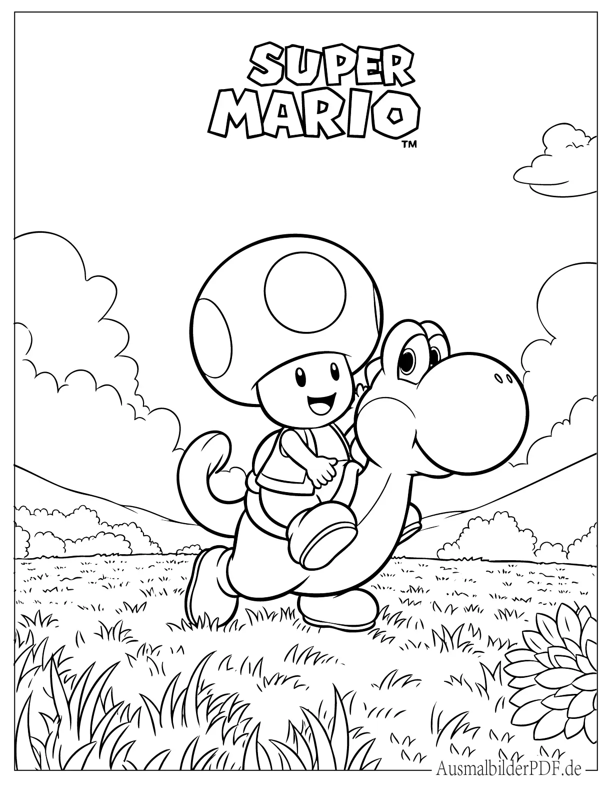 Super Mario Toad reitet auf Yoshi auf der Wiese Ausmalbild