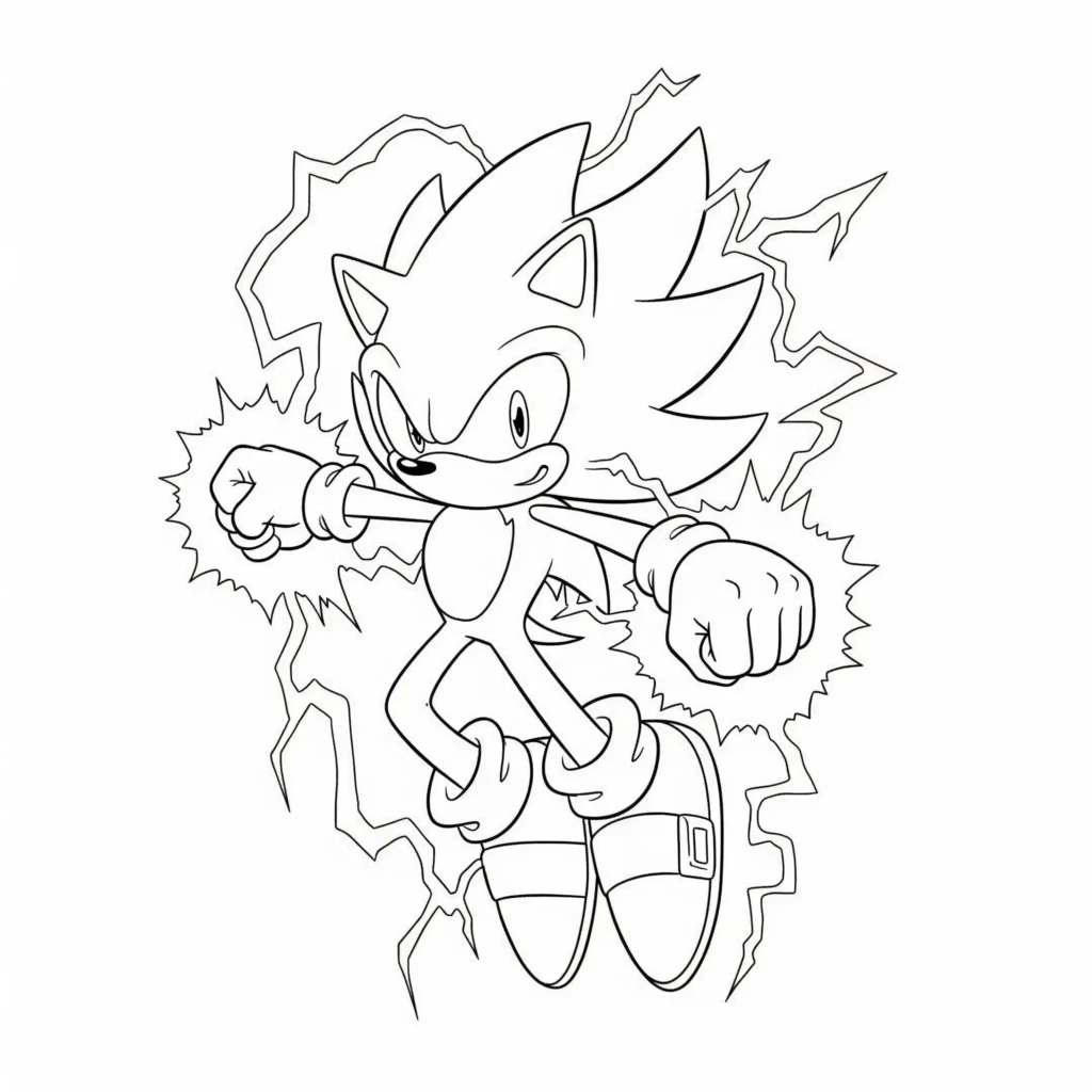 Super Sonic Ausmalbild mit elektrischer Aura als PDF Vorlage zum Ausdrucken für Kinder