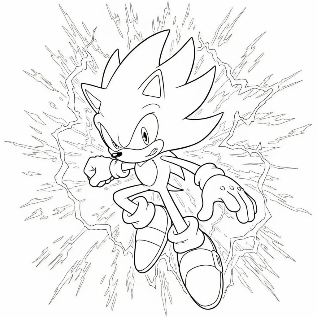 Super Sonic Ausmalbild als PDF mit Energieeffekt zum Ausdrucken für Kinder