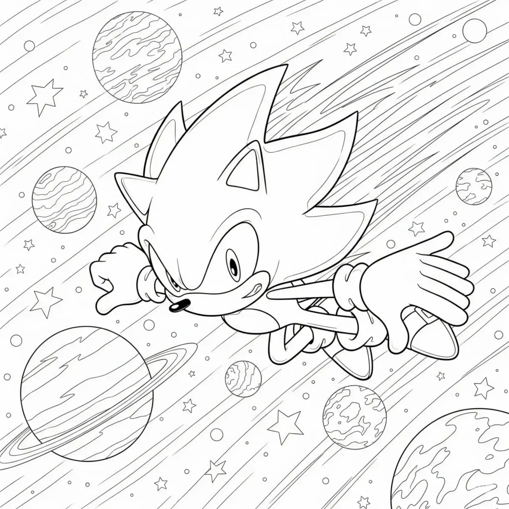 Super Sonic Ausmalbild als PDF zum Ausdrucken zeigt Super Sonic im Weltraum