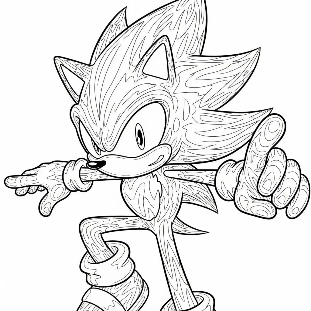 Super Sonic Malvorlage mit strukturierter Haut als PDF Druckvorlage für Kinder zum kreativen Ausmalen