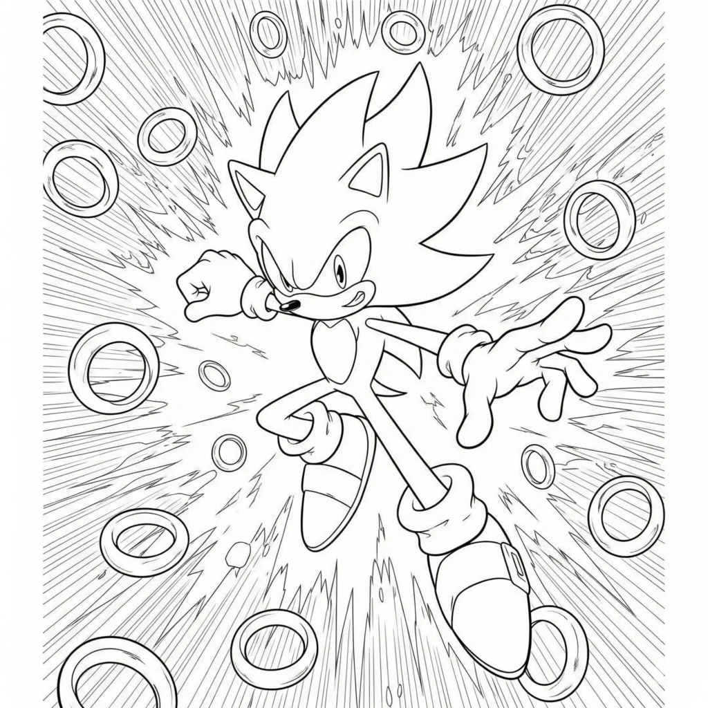 Super Sonic Ausmalbild zum Ausdrucken mit vielen Ringen als PDF Vorlage für Kinder