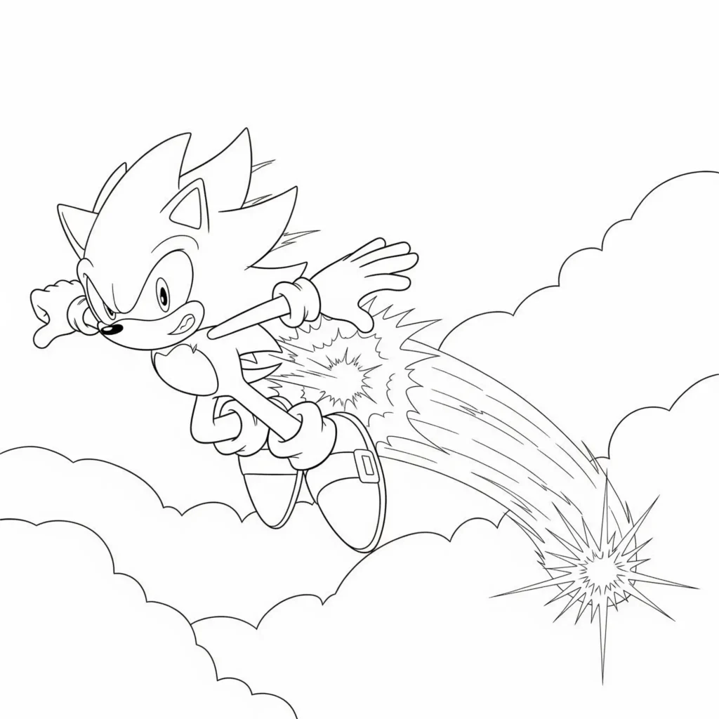 Super Sonic Ausmalbild zum Ausdrucken als PDF zeigt Super Sonic beim Durchbrechen der Schallmauer