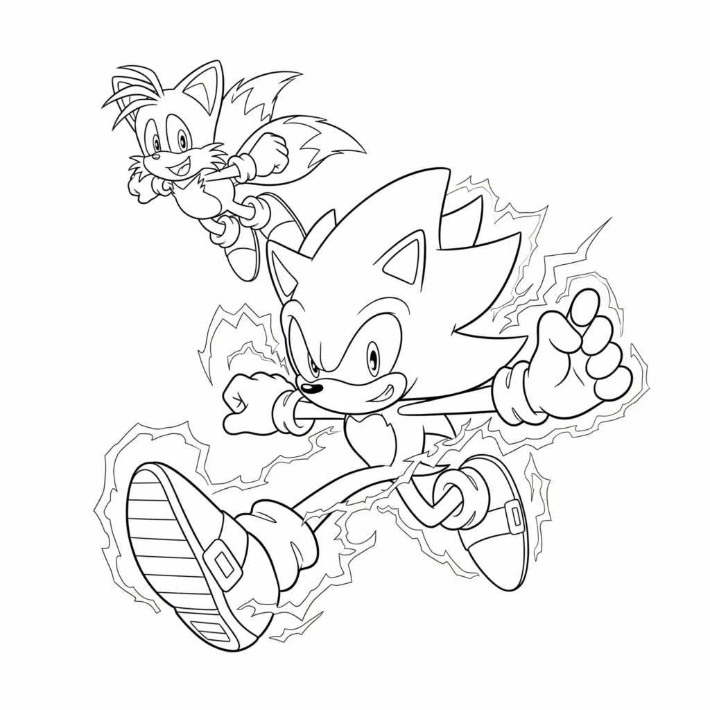 Super Sonic und Tails Ausmalbild als PDF Vorlage zum Ausdrucken und Ausmalen für Kinder