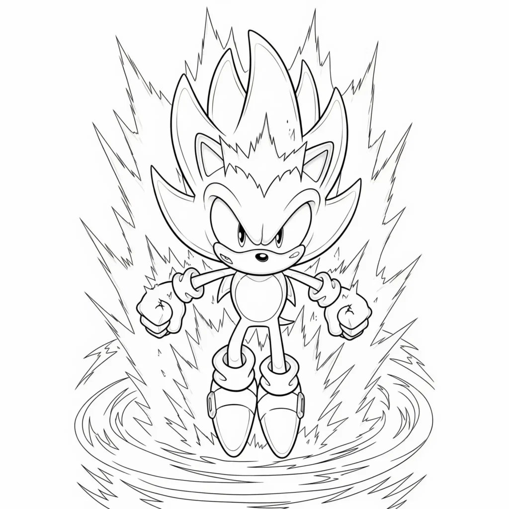 26 Sonic Ausmalbilder (Kostenlos Malvorlage zum Ausdrucken) Dieses energiegeladene Sonic Ausmalbild zeigt Super Sonic mitten in seiner Transformation, umgeben von leuchtender Energie.