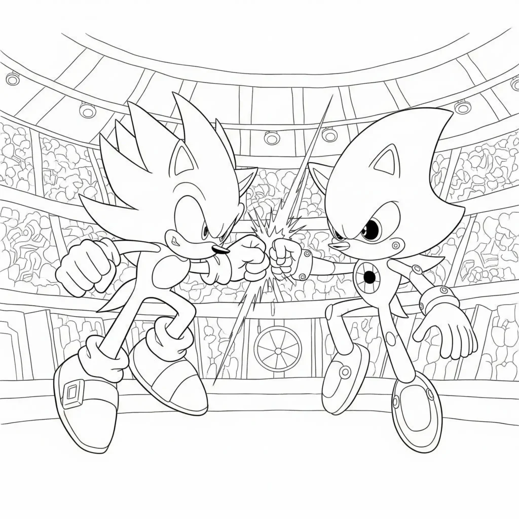 Super Sonic Ausmalbild als PDF mit Kampf gegen Metal Sonic zum Ausdrucken für Kinder