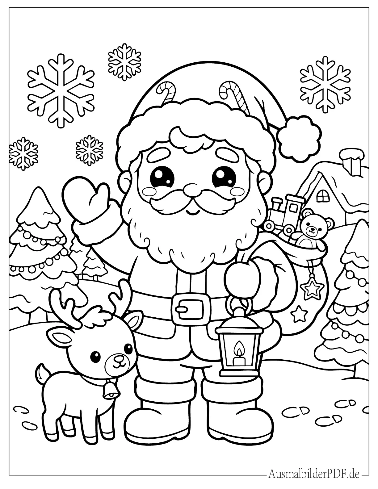Super niedlicher Kawaii Weihnachtsmann Ausmalbild für kleine Kinder