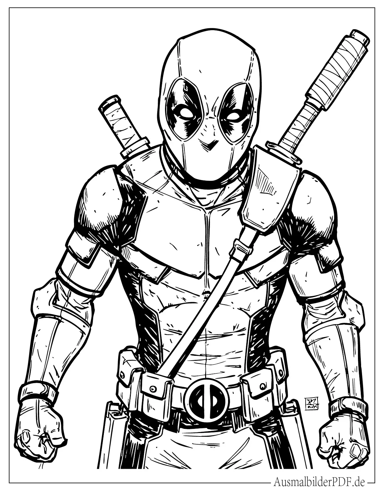 18 Deadpool Ausmalbilder (Gratis Malvorlagen zum drucken) Superheld Deadpool in detailliertem Kostüm Malbild