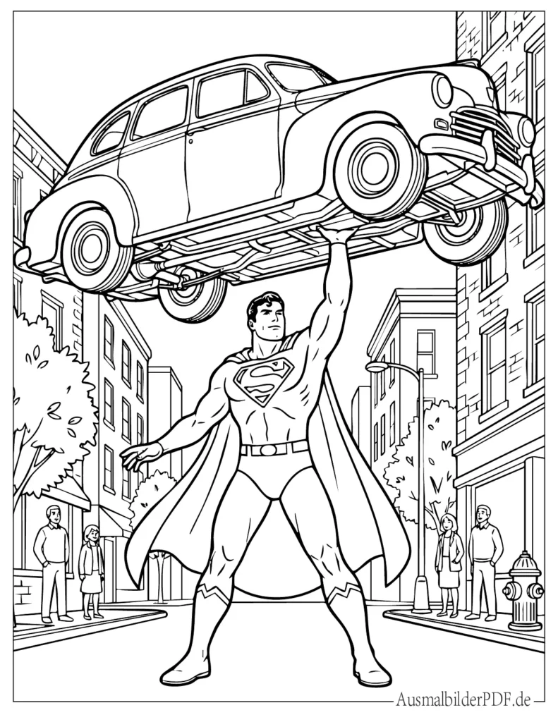 Malvorlage von Superman, der ein Auto mit einer Hand hebt, für Kinder zum Ausdrucken und Ausmalen, spannendes Superheldenbild