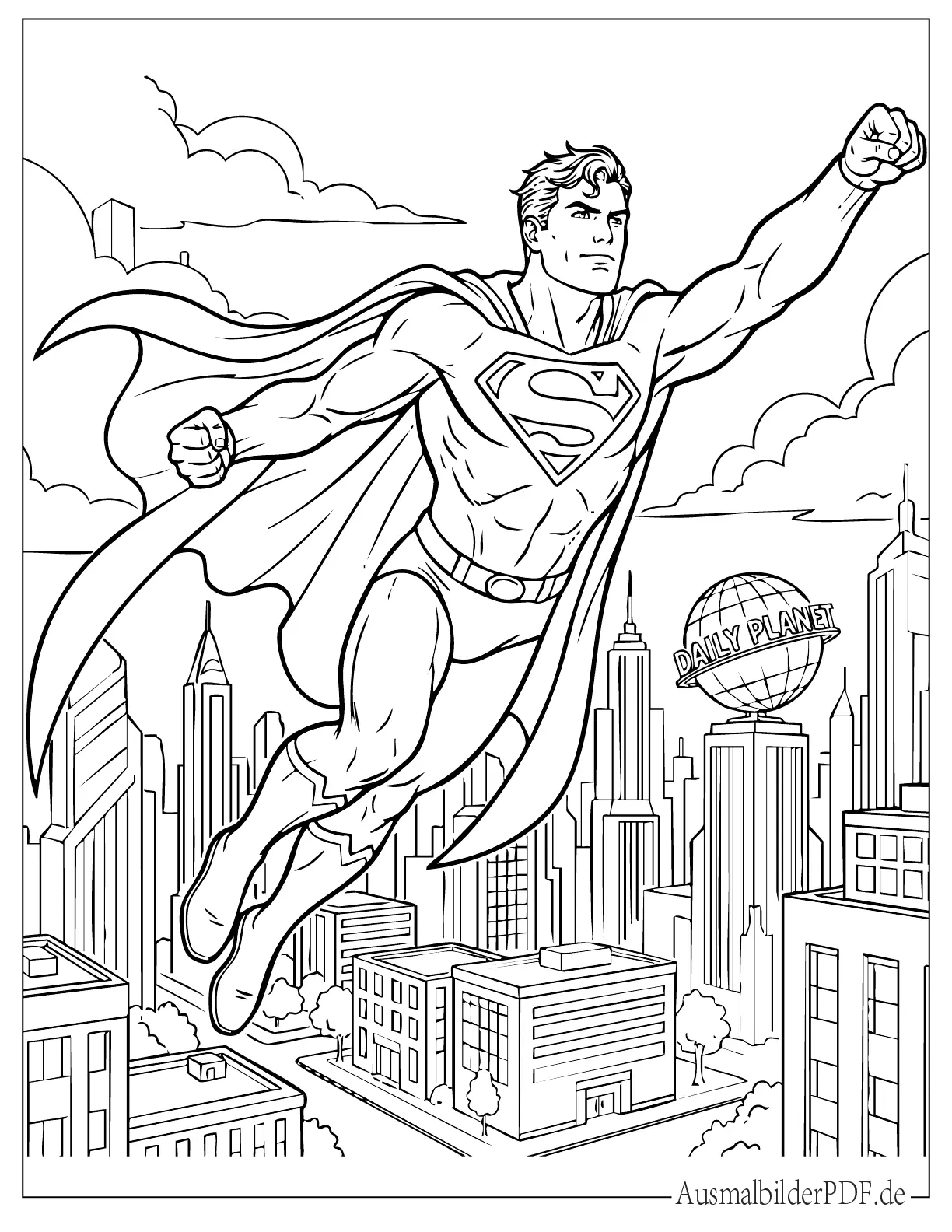 Superman Ausmalbilder (Kostenlos Vorlagen zum Ausdrucken) Realistischer Superman fliegt über der Stadt Ausmalbild