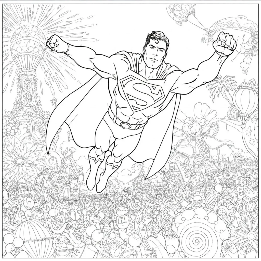 Superman Ausmalbild beim Fliegen über einen bunten Karnevalsumzug mit Festwagen und Luftschlangen